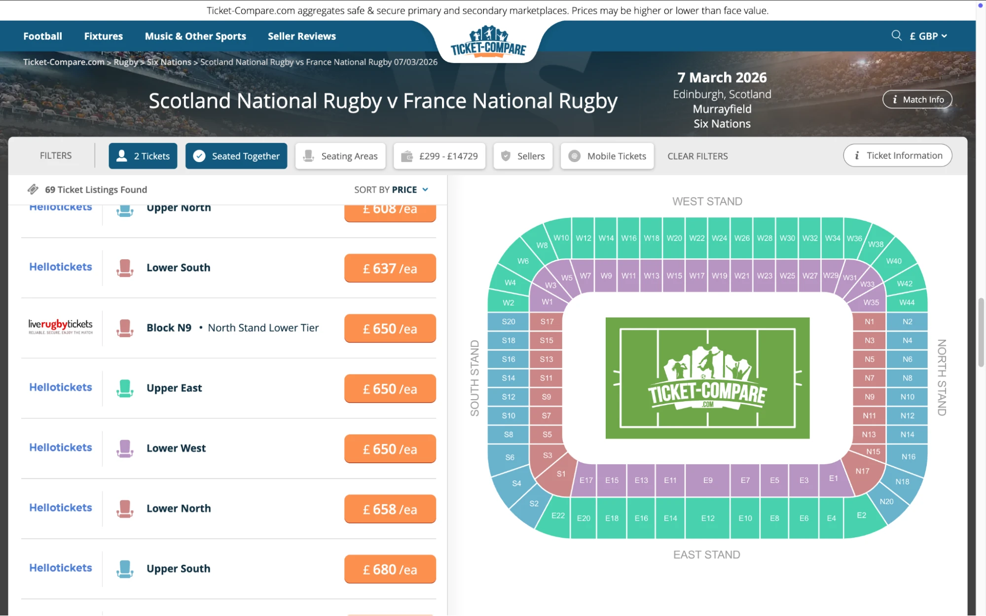 Screenshot of Scotland National Rugby v France National Rugby tickets page