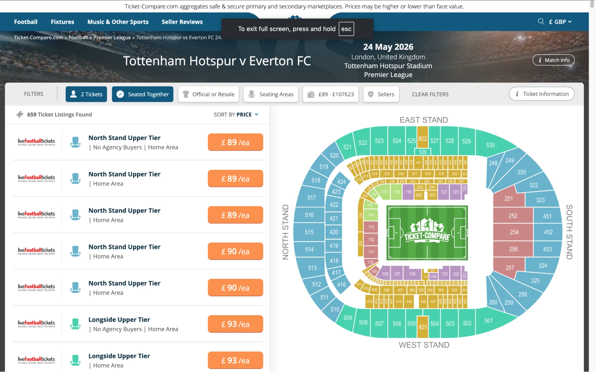 Screenshot of Tottenham Hotspur v Everton tickets page