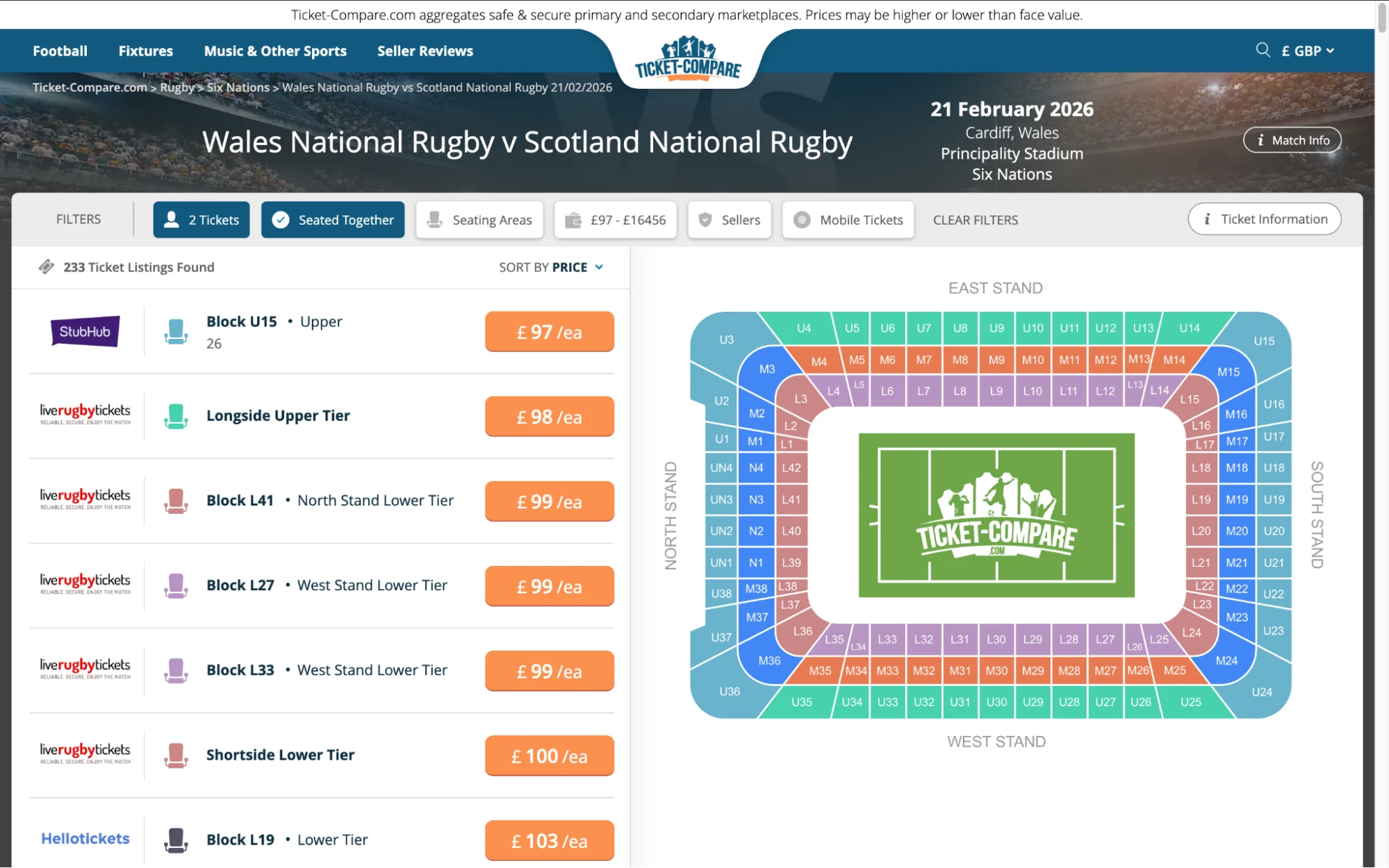 Screenshot af Wales National Rugby vs Skotland tickets side