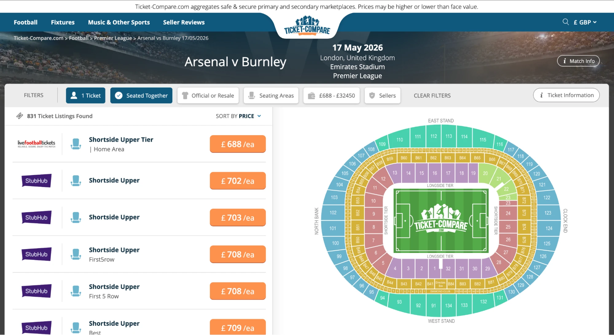 Screenshot af billetter til Arsenal – Burnley