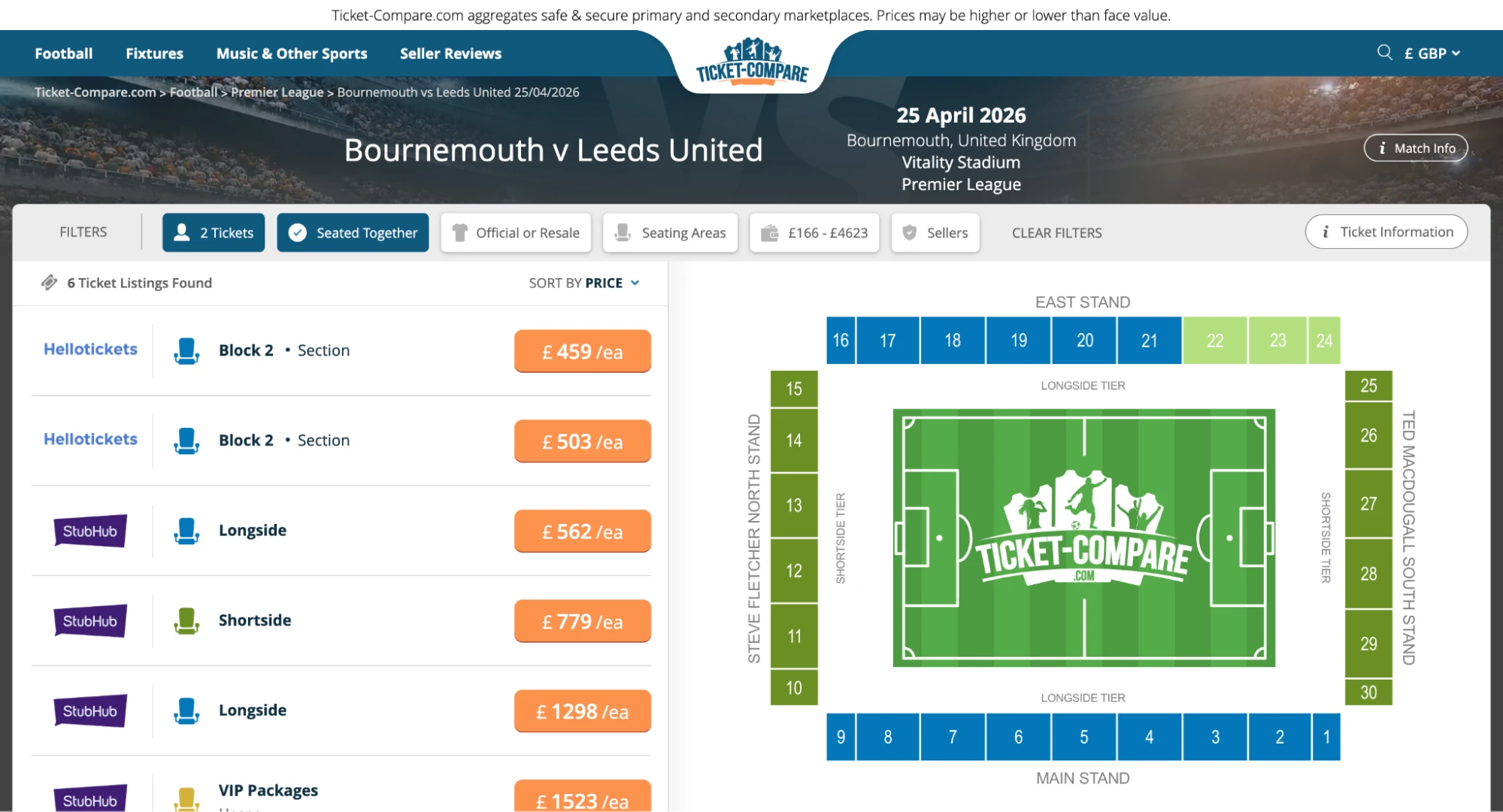 Screenshot of Bournemouth v Leeds United tickets page on Ticket-Compare.com