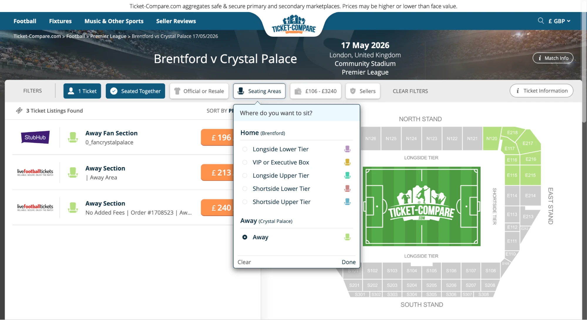 Screenshot af siddeområder på Brentford v Crystal Palace billetsiden