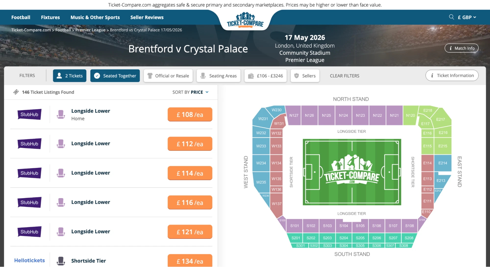 Screenshot of Brentford v Crystal Palace tickets page