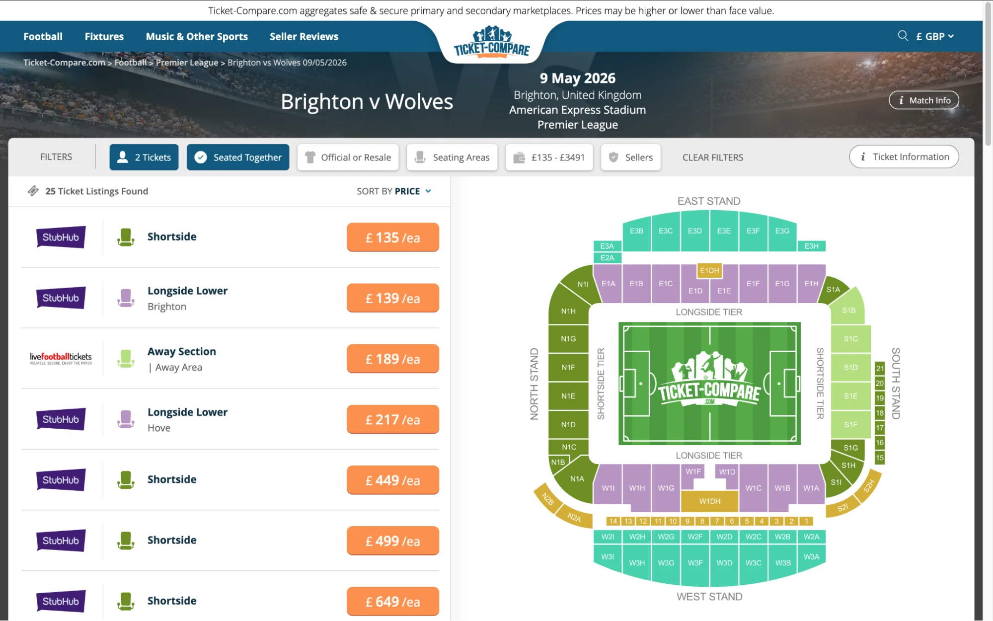 Screenshot of Brighton v Wolves tickets page
