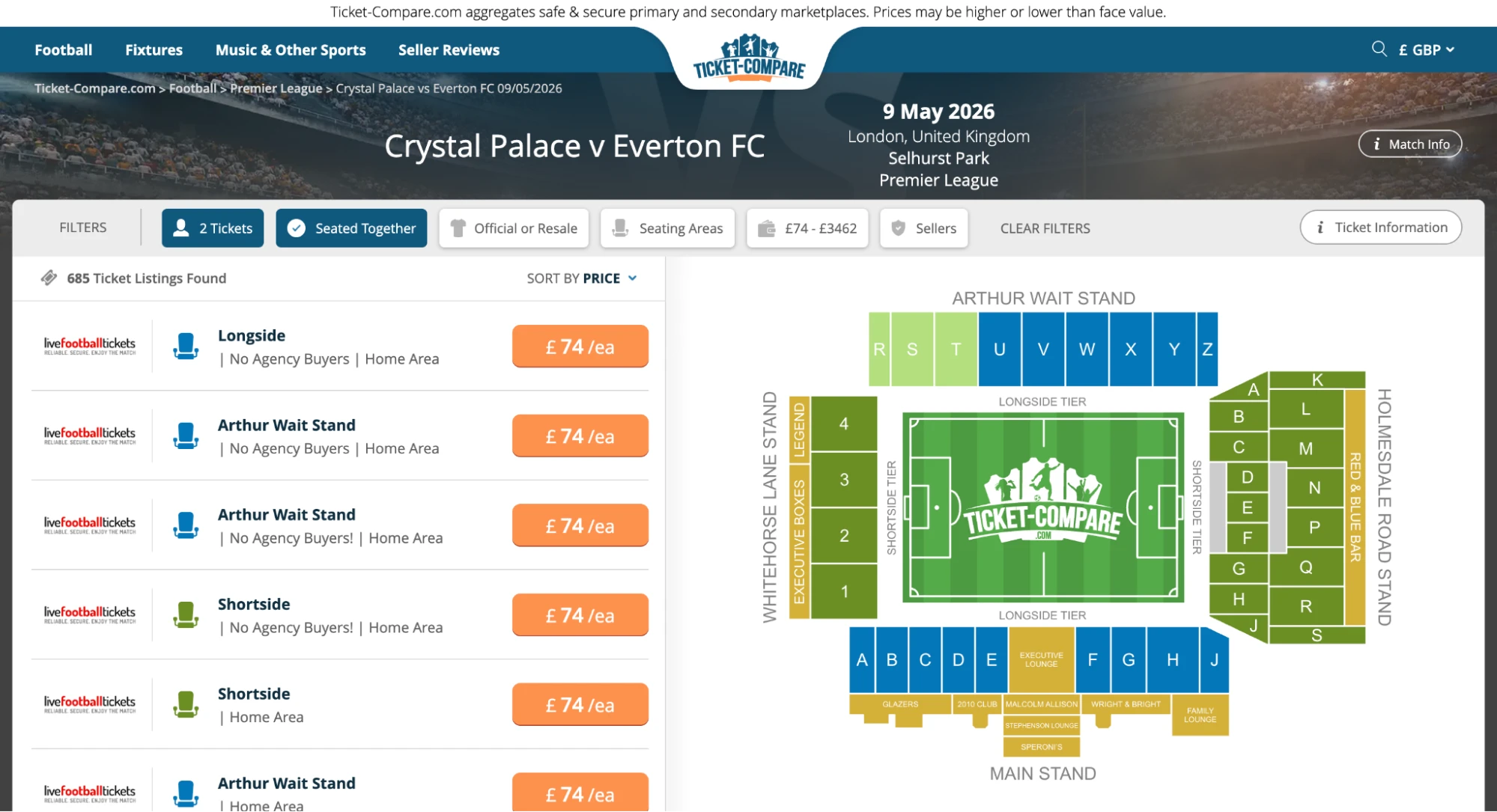Screenshot af Crystal Palace v Everton FC billetsiden