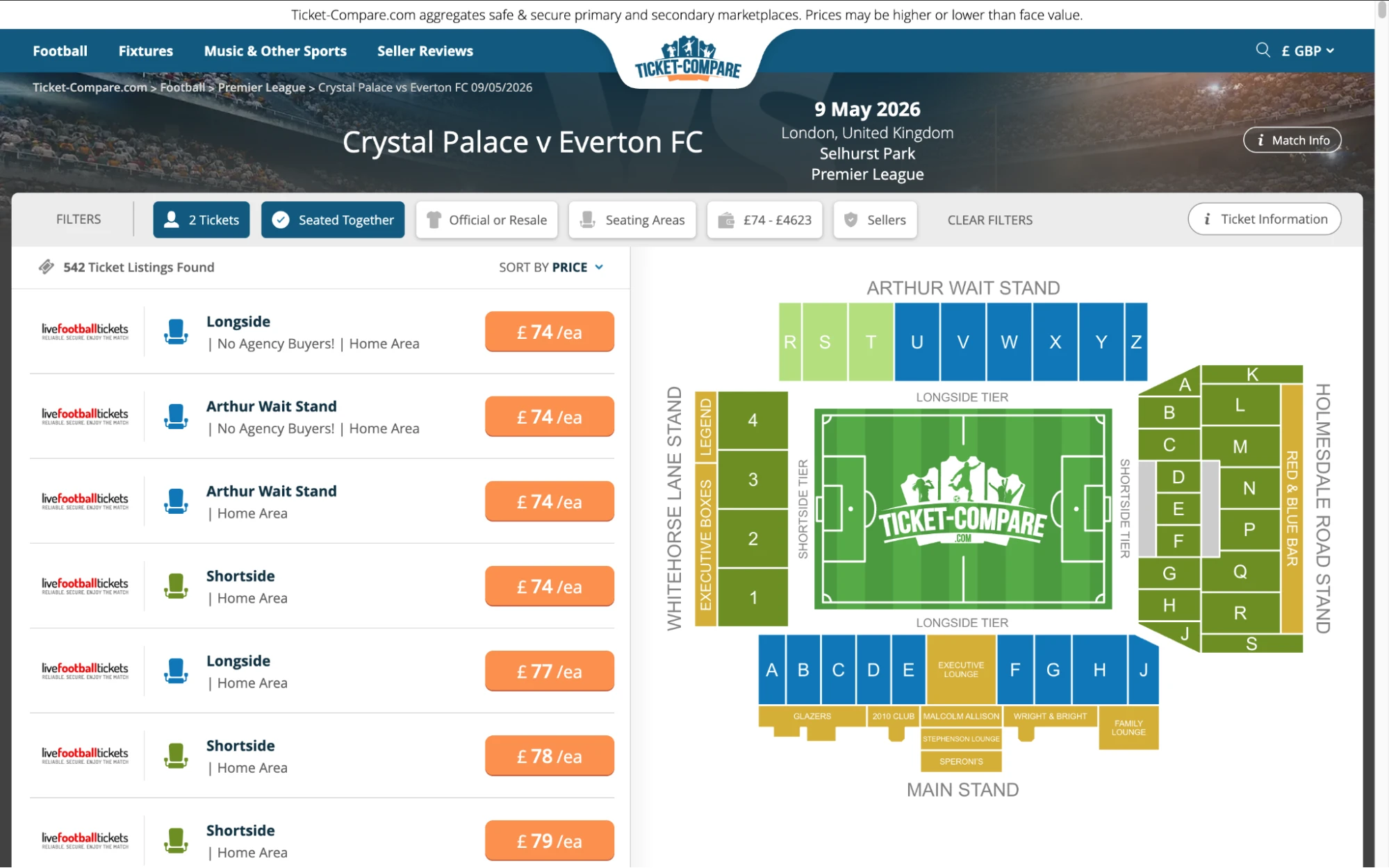 Screenshot af Crystal Palace v Everton FC billetsiden