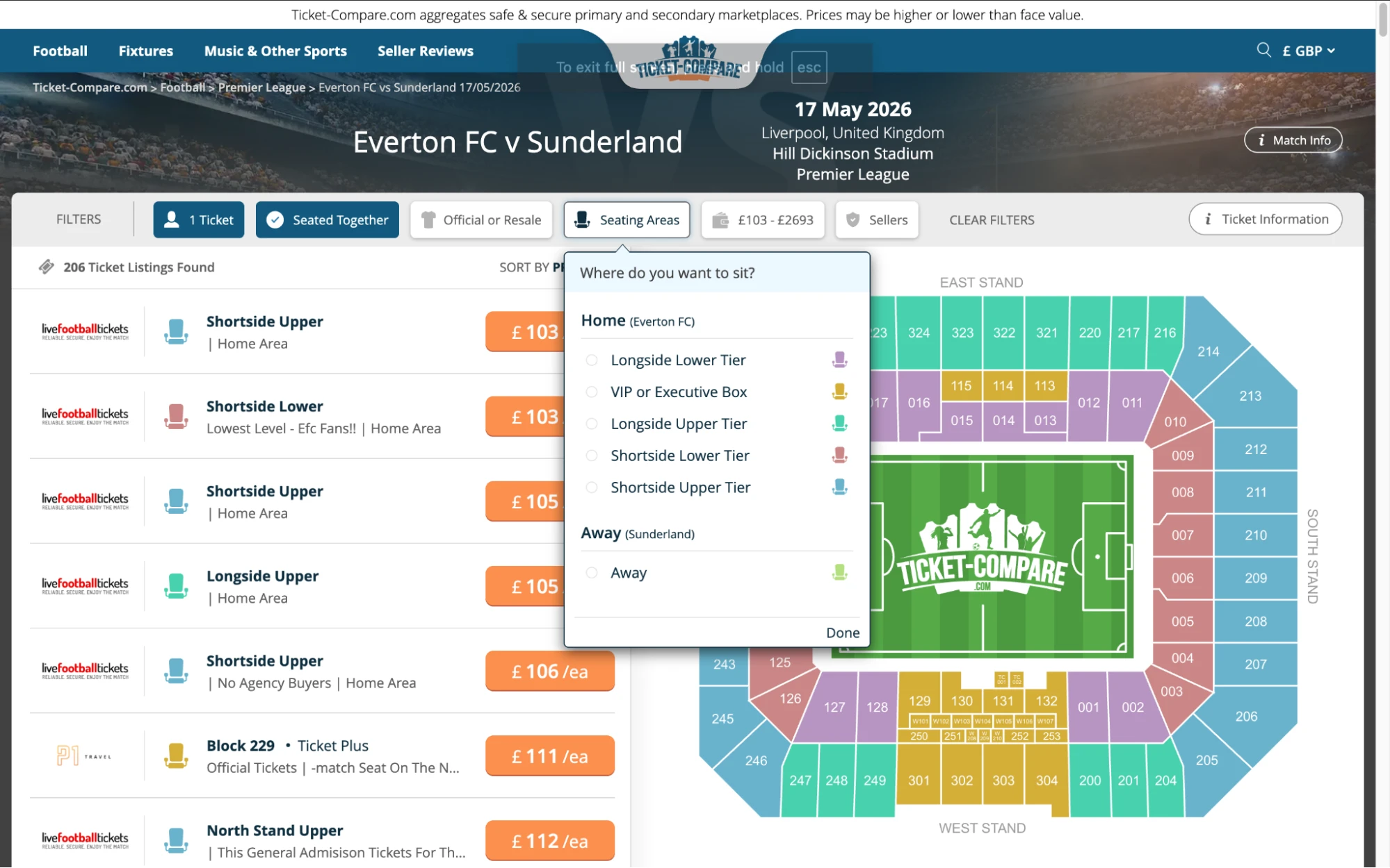 Screenshot of Everton v Sunderland tickets page