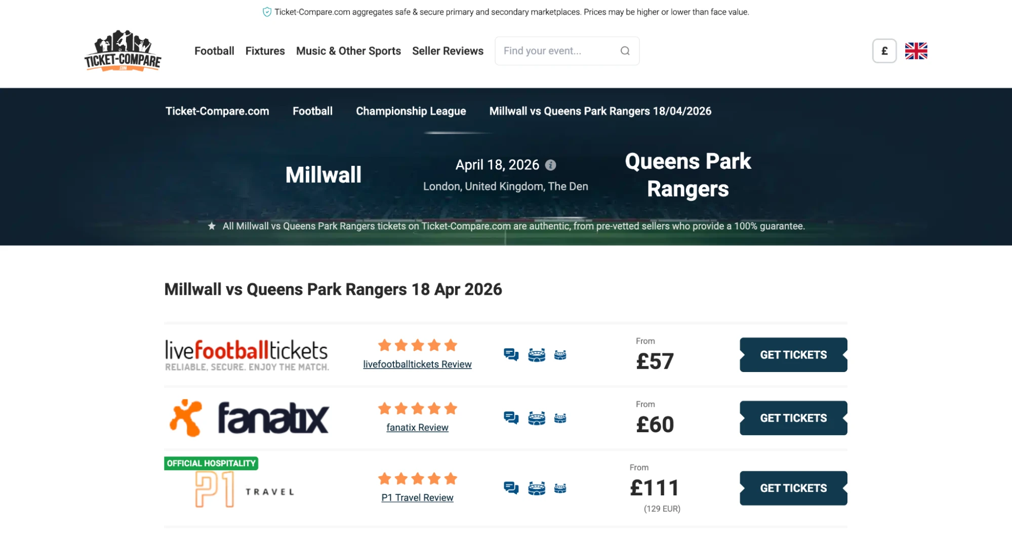 Screenshot af Millwall v Queens Park Rangers billetter