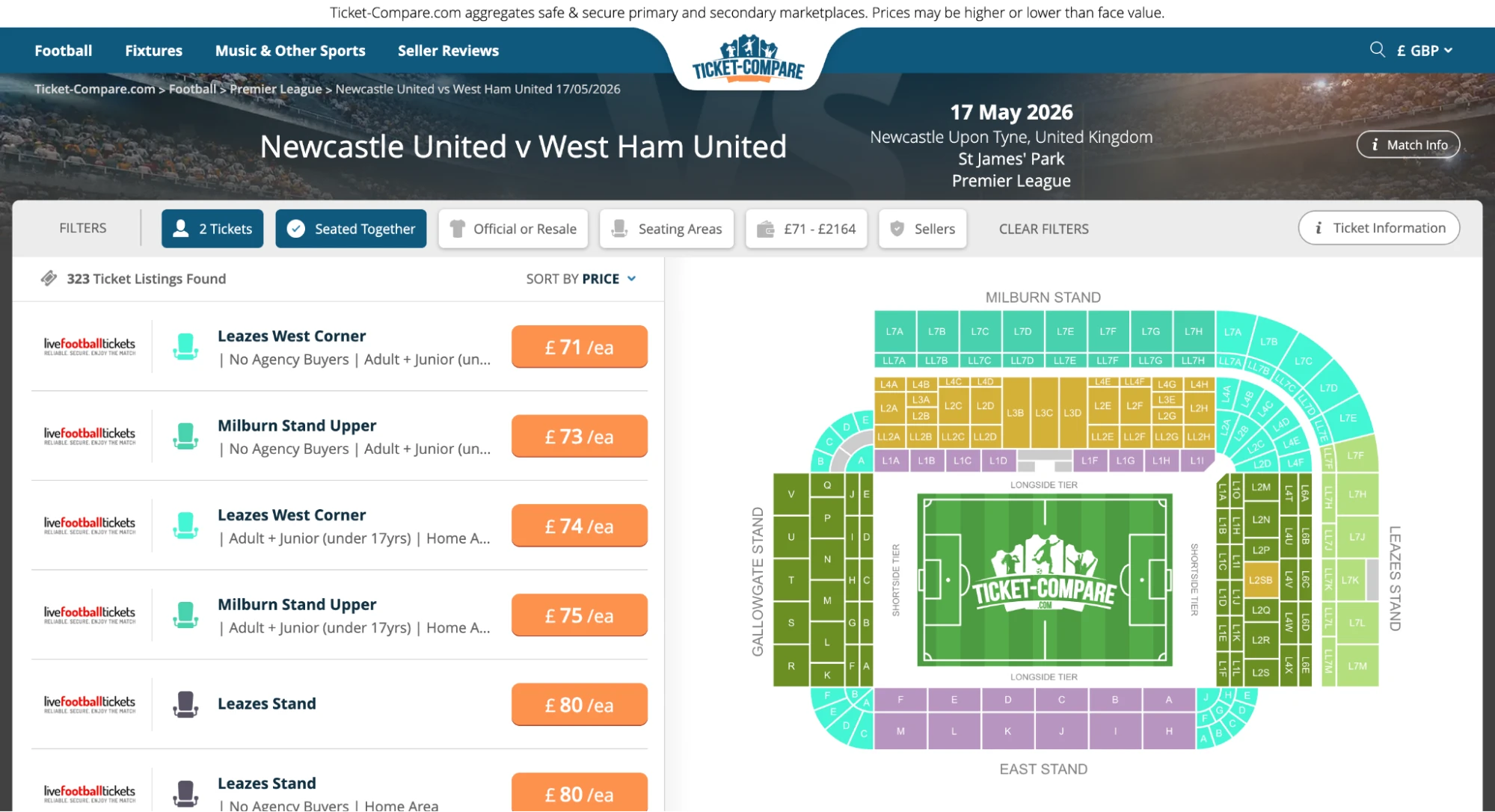 Screenshot af Newcastle United vs West Ham United billetsiden