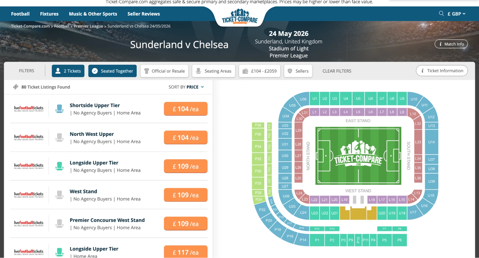 Screenshot Sunderland v Chelsea tickets