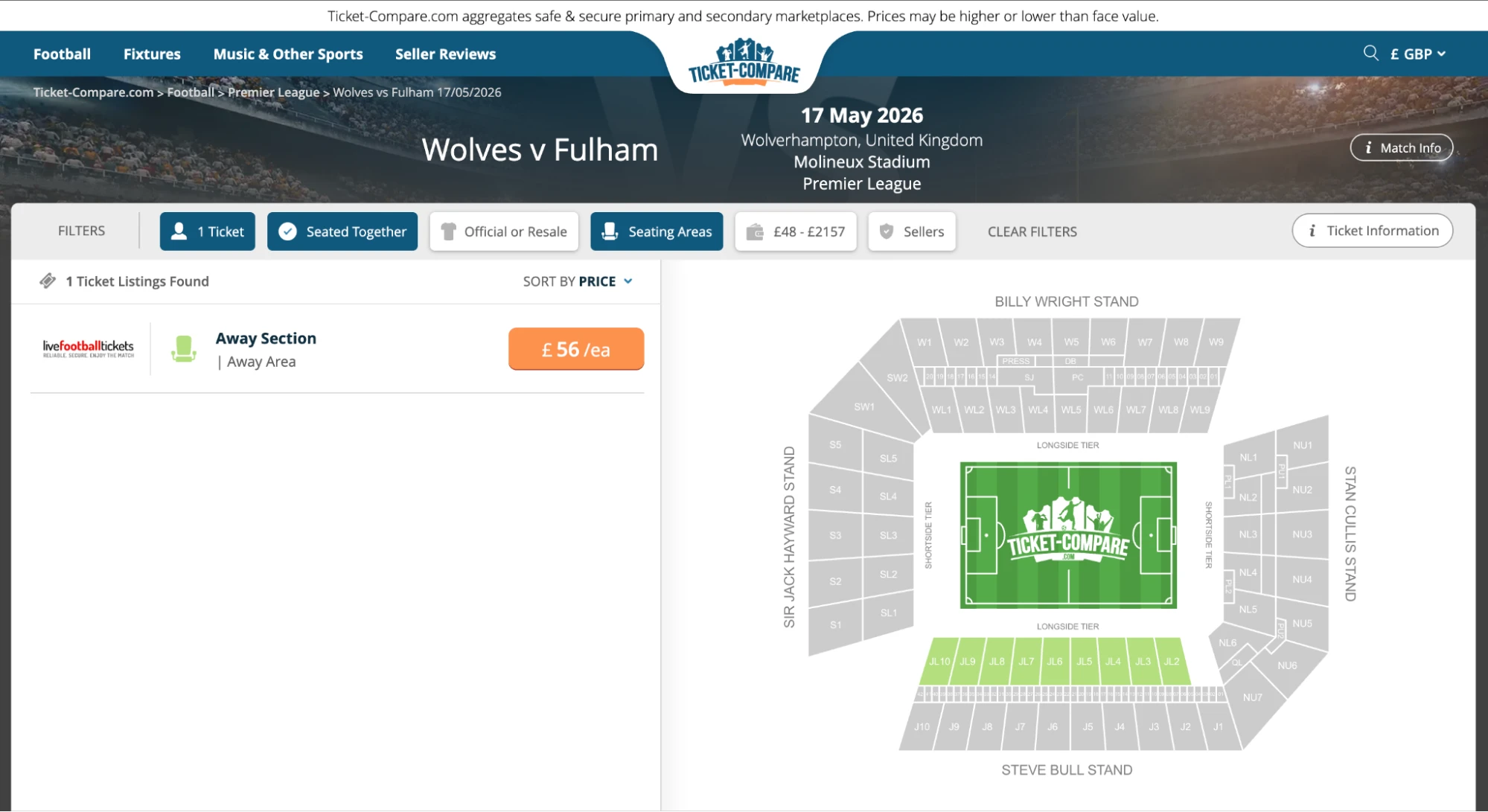 Screenshot of Wolves v Fulham tickets page