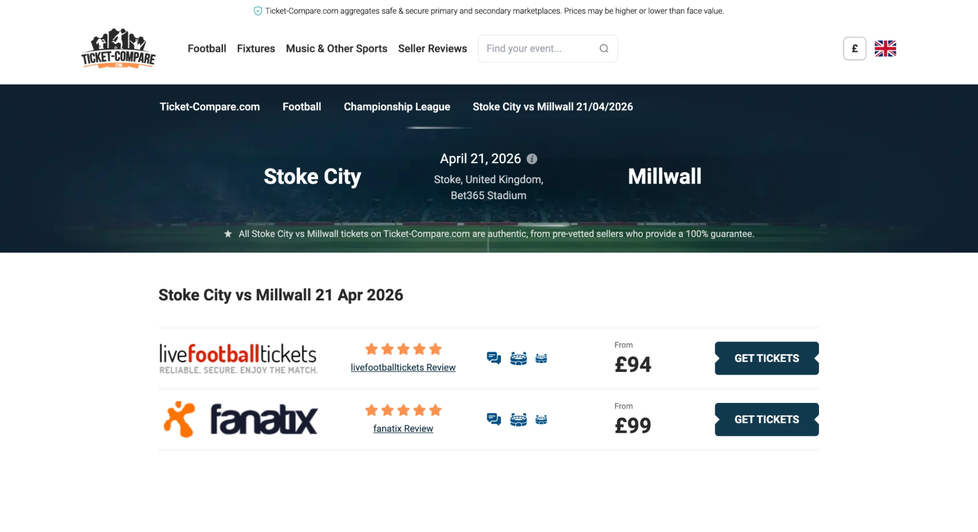 screenshot of Stoke City v Millwall tickets