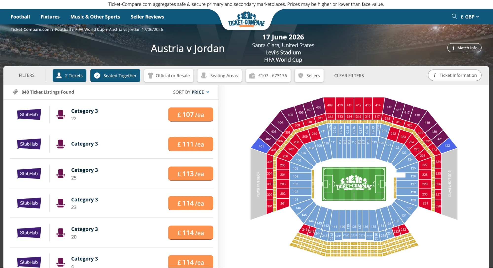 Screenshot Austria v Jordan billetter sammenligning
