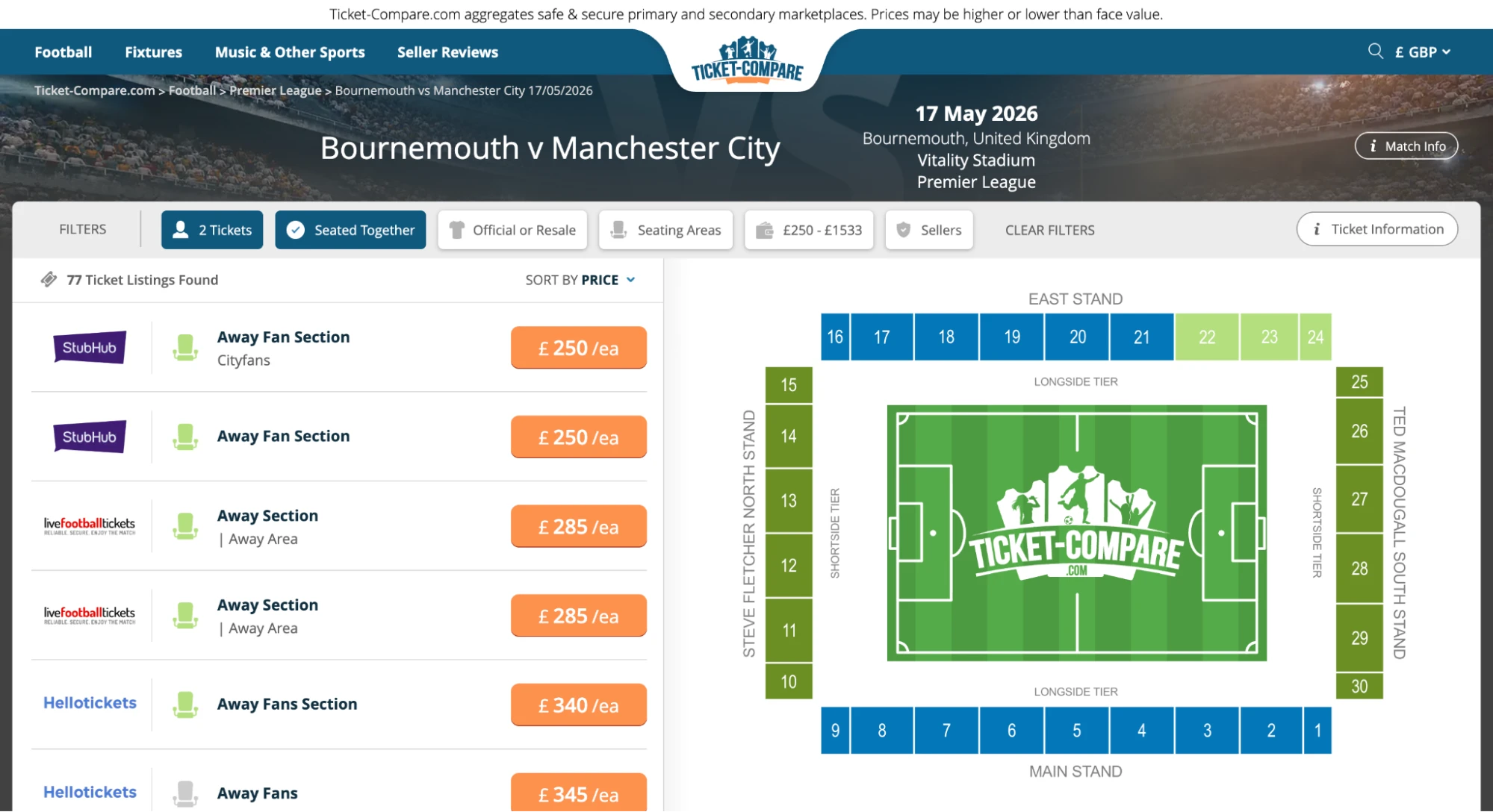 Screenshot of Bournemouth v Man City tickets page