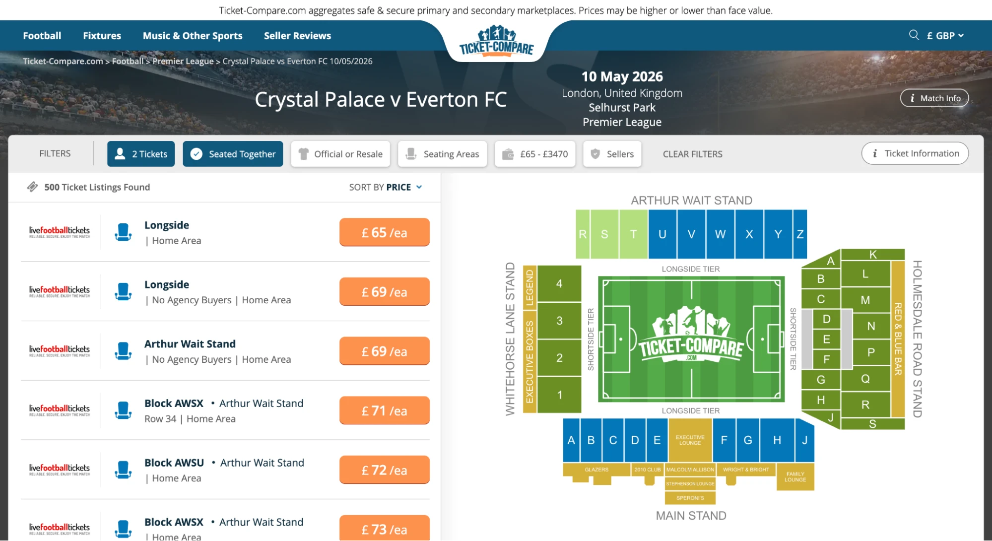 Screenshot af Crystal Palace v Everton FC billetter side