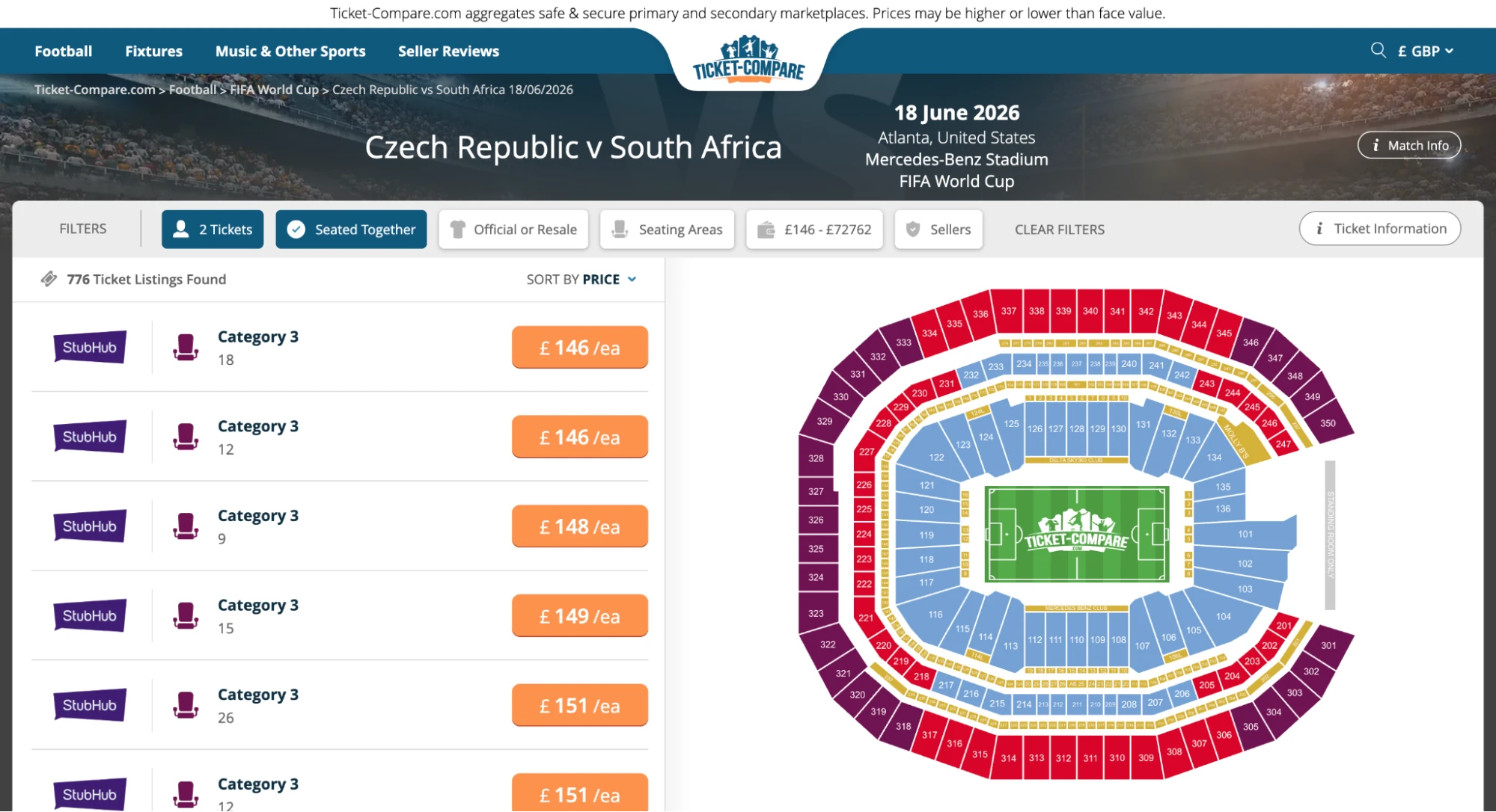 Screenshot of Czech Republic v South Africa tickets page