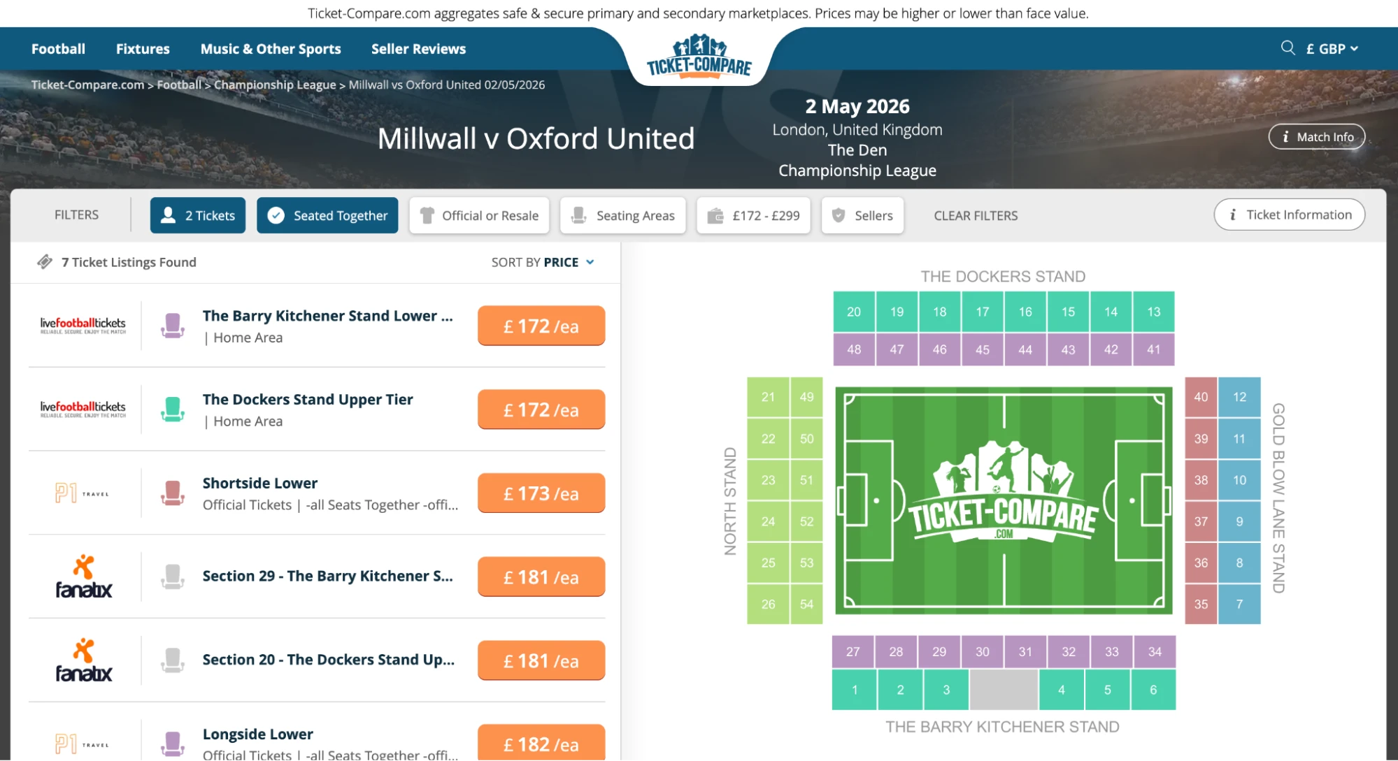 Screenshot of Millwall v Oxford United tickets page