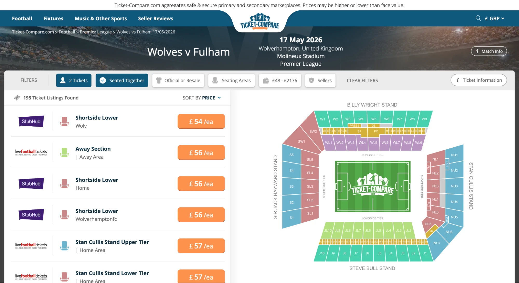 Screenshot af Wolves v Fulham billetsiden