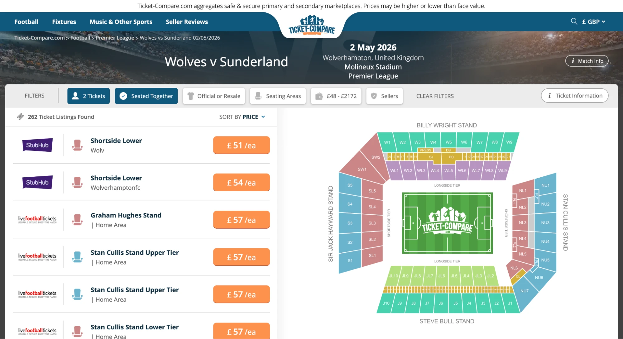 Screenshot af Wolves v Sunderland billetside på Ticket-Compare.com