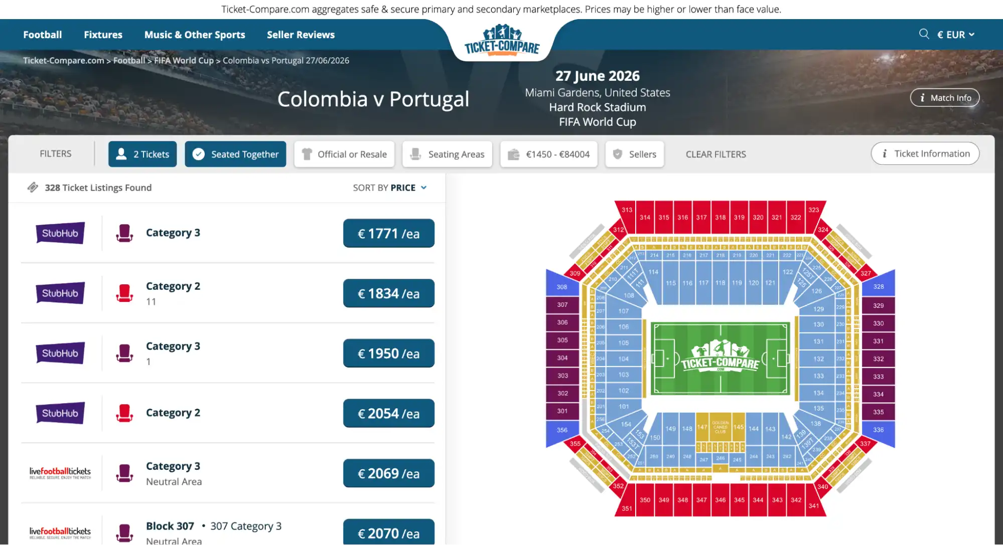 screenshot af Colombia vs Portugal billetter side