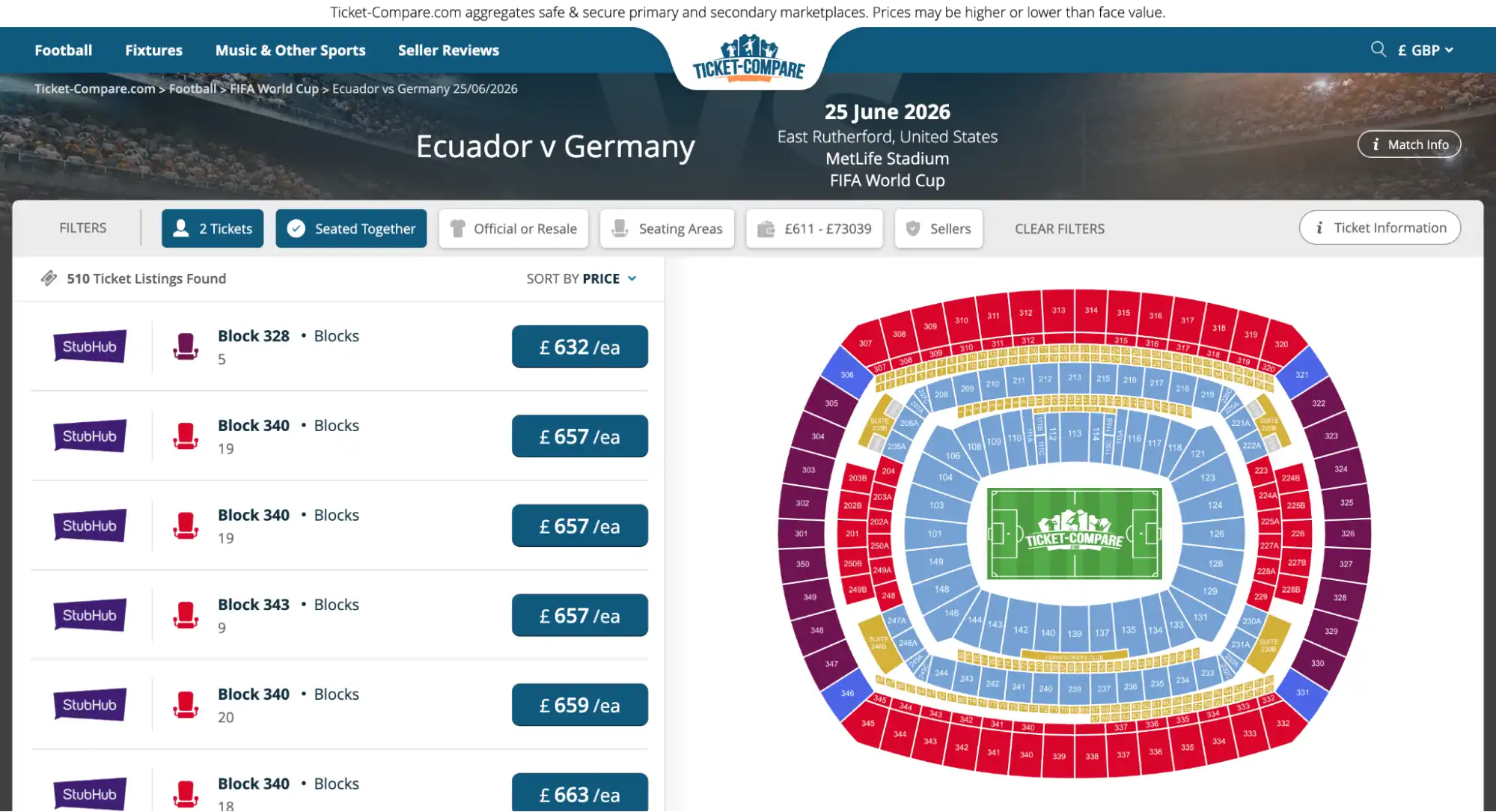 skærmbillede af Ecuador vs Tyskland billetside