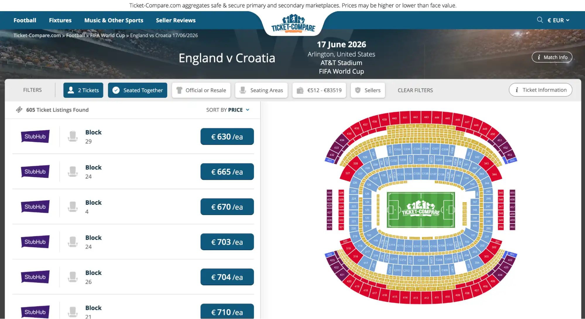 screenshot af England vs Kroatien billet-overblik