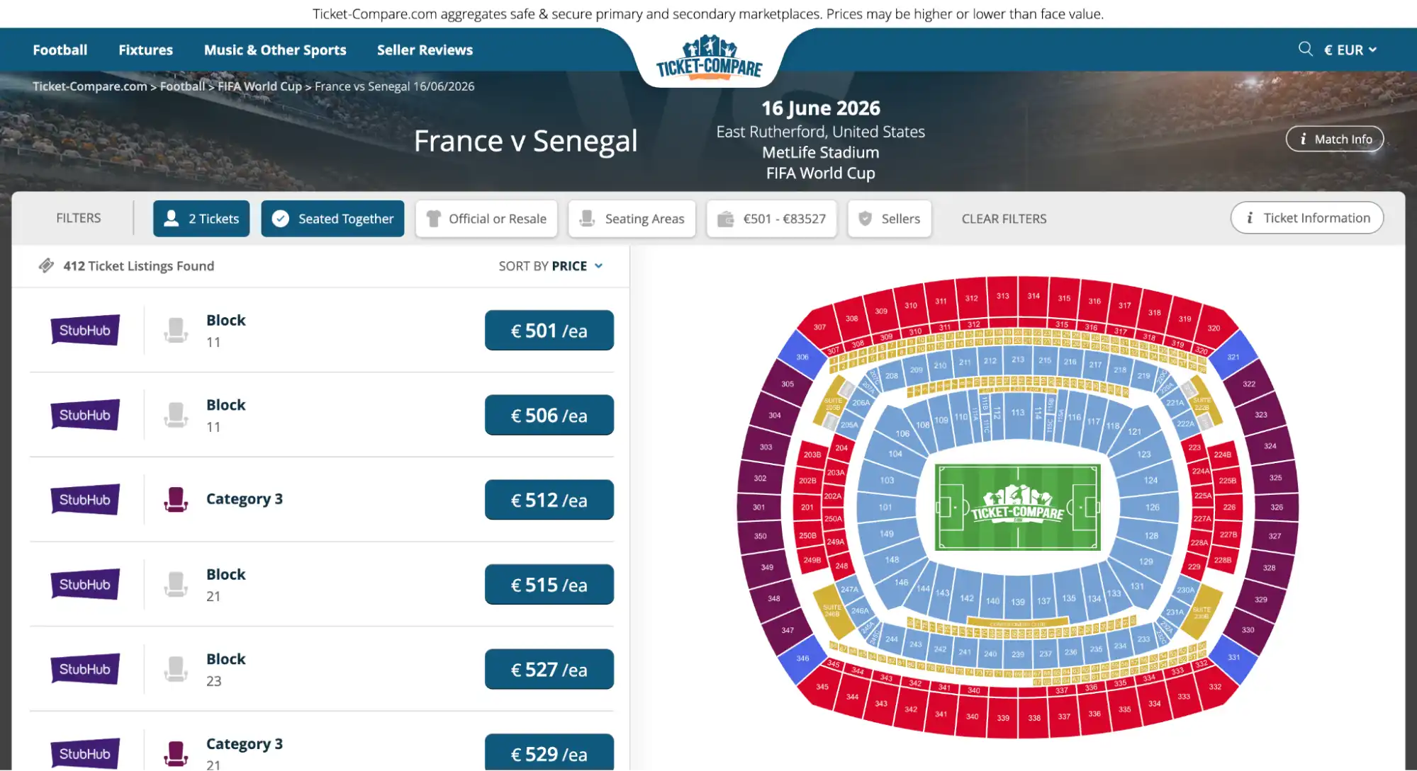skærmbillede France vs Senegal billetsiden