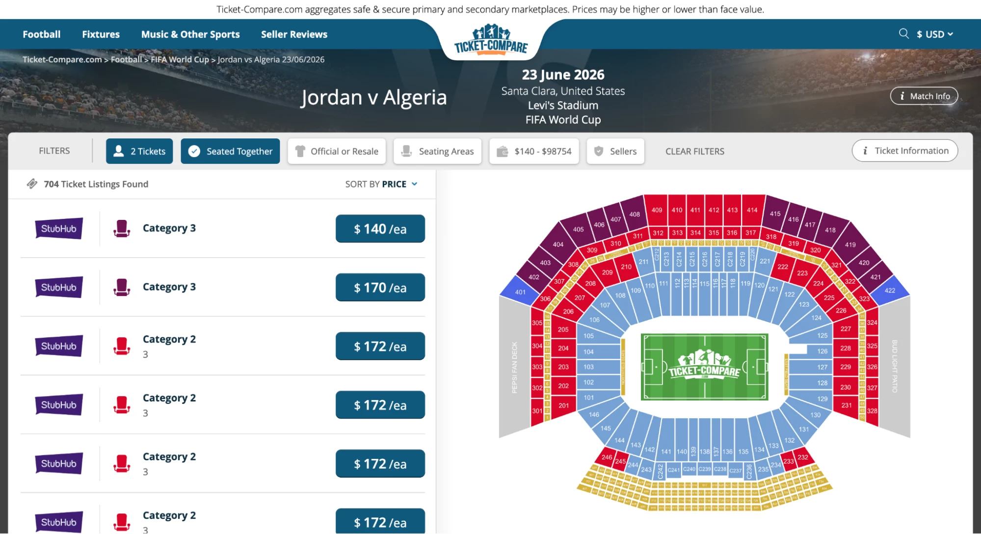 screenshot af Jordan vs Algeriet kamp billetsiden