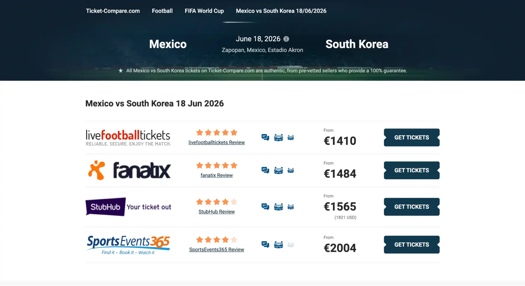 screenshot af Mexico vs Sydkorea billetsiden