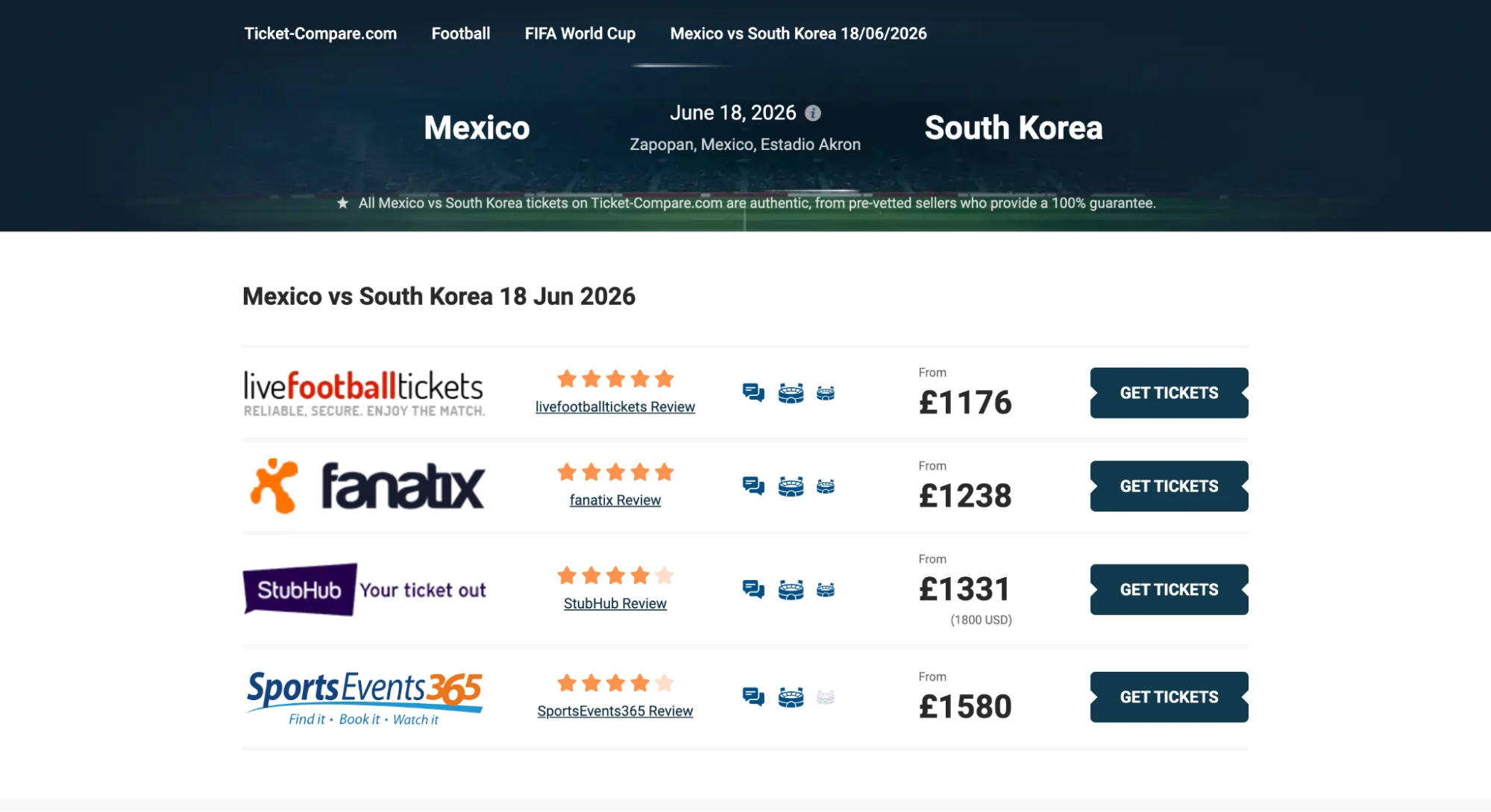 screenshot of Mexico vs South Korea tickets page