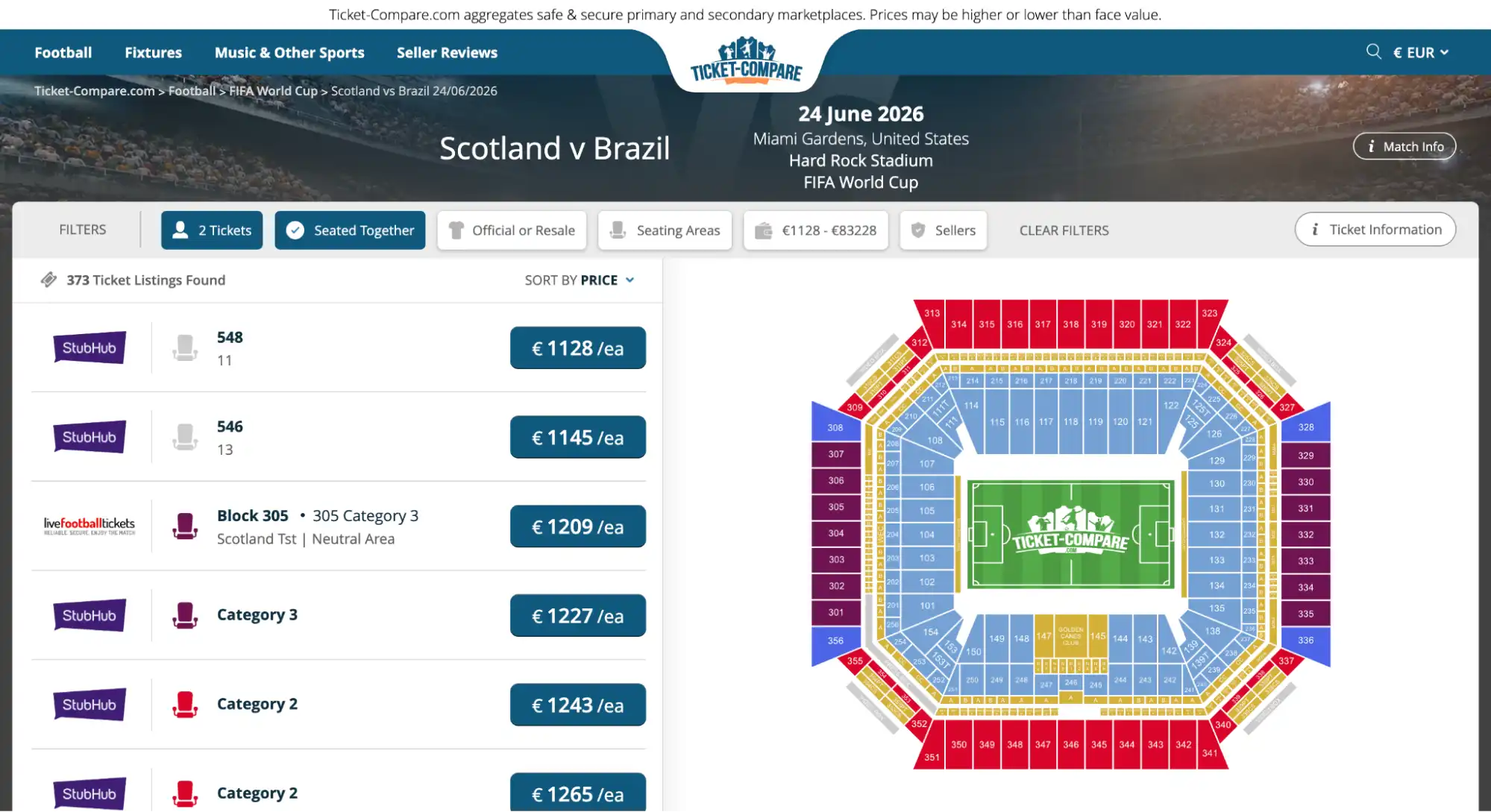 screenshot af Skotland vs Brasilien billetsiden