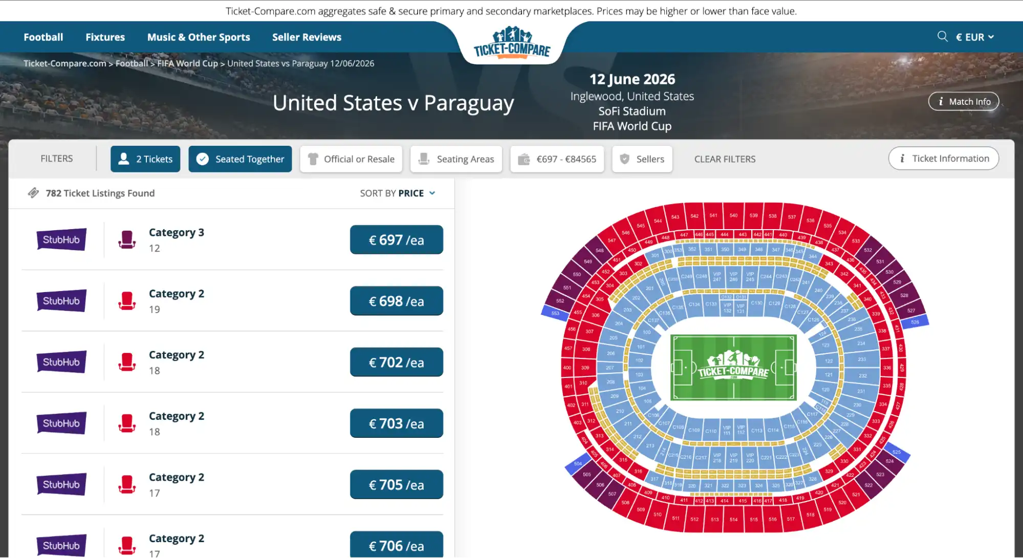 screenshot of United States vs Paraguay match tickets page