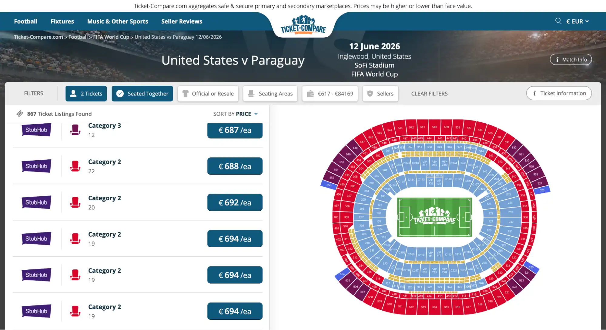 screenshot af USA vs Paraguay billetoversigt