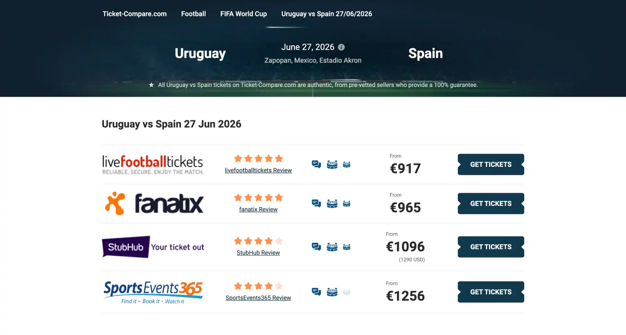 screenshot of Uruguay vs Spanien match tickets page