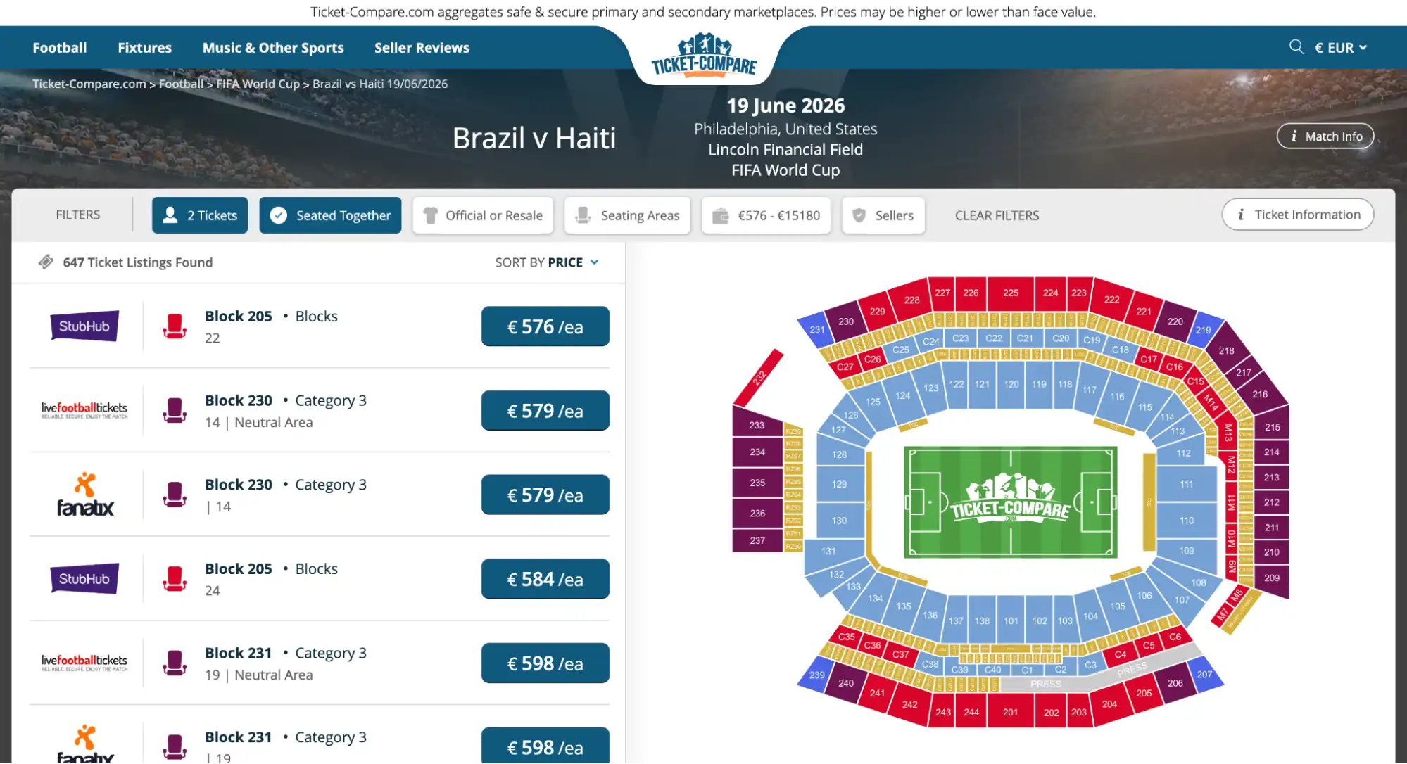 screenshot af Brazil vs Haiti billetter side