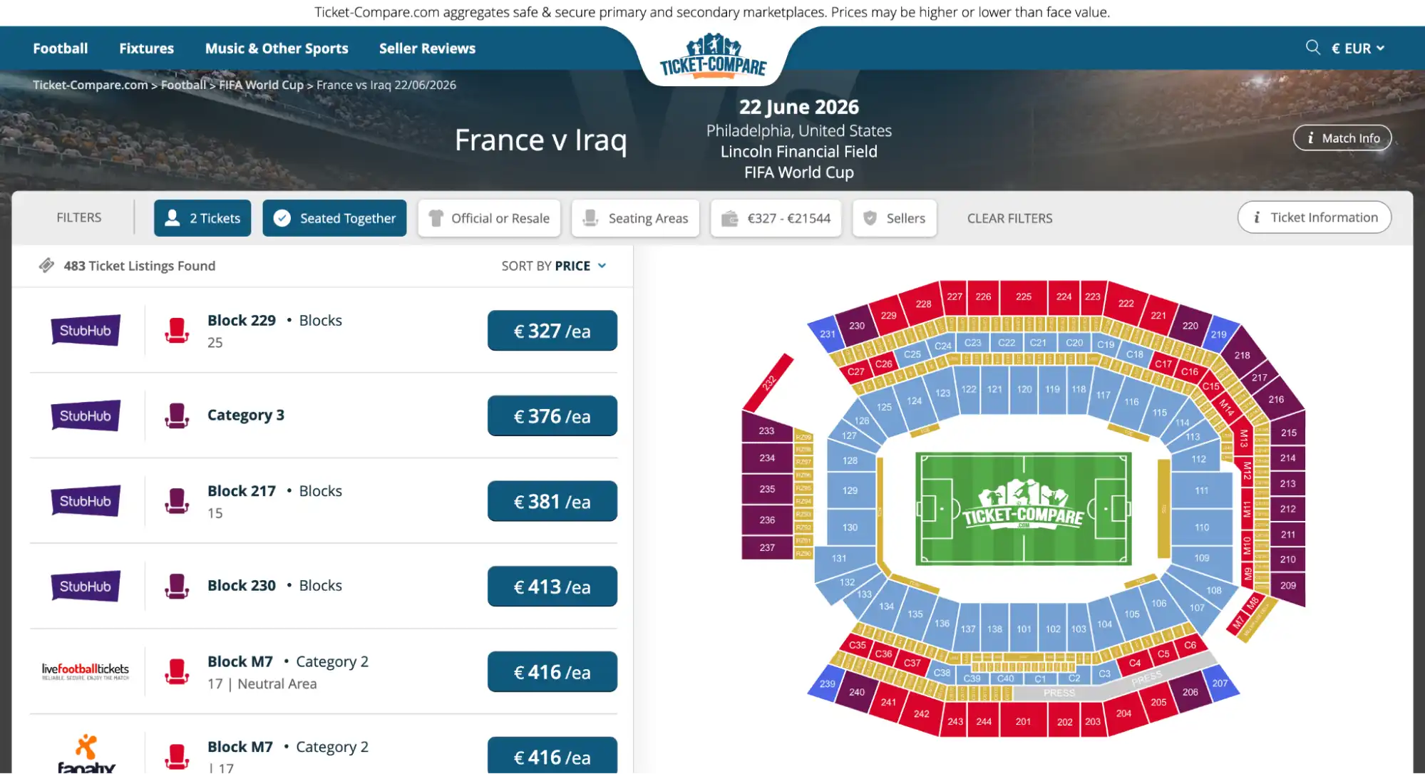 screenshot af Frankrig vs Irak billetside
