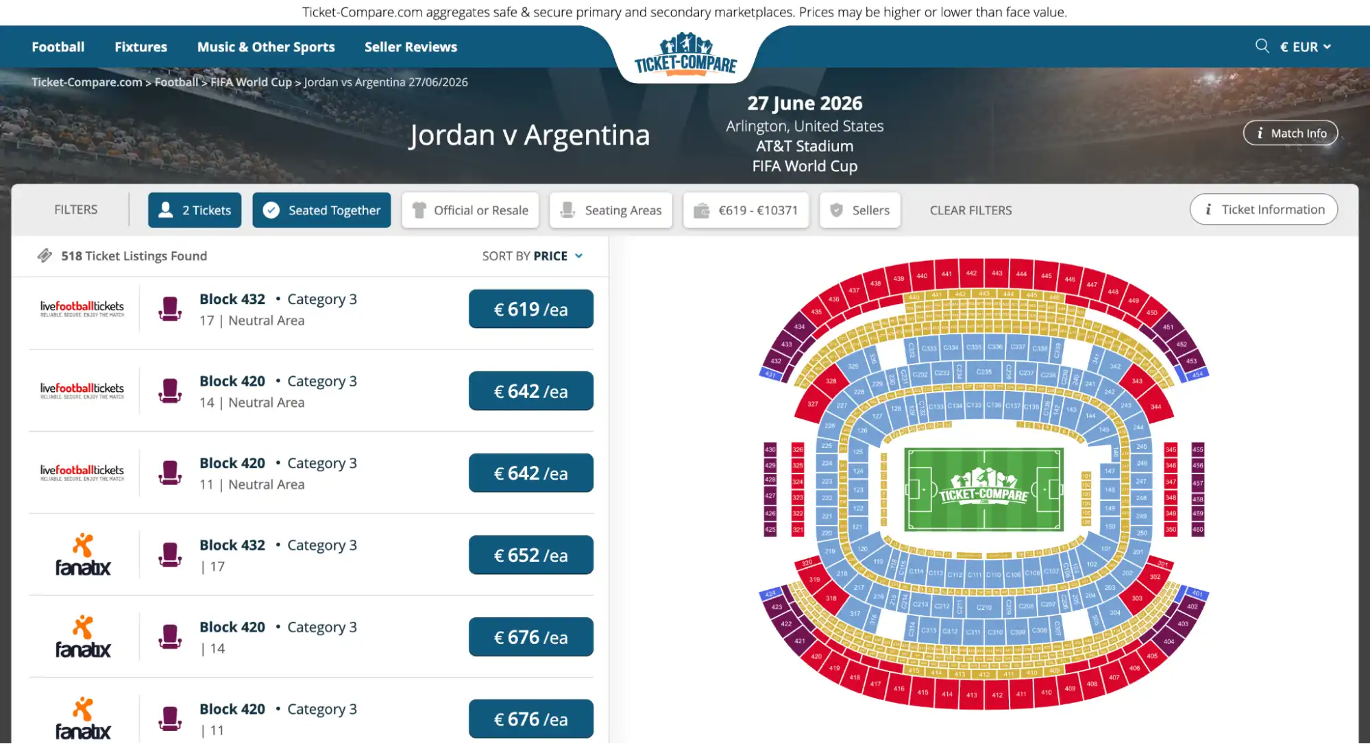 Skærmbillede af billetsiden for Jordan vs Argentina