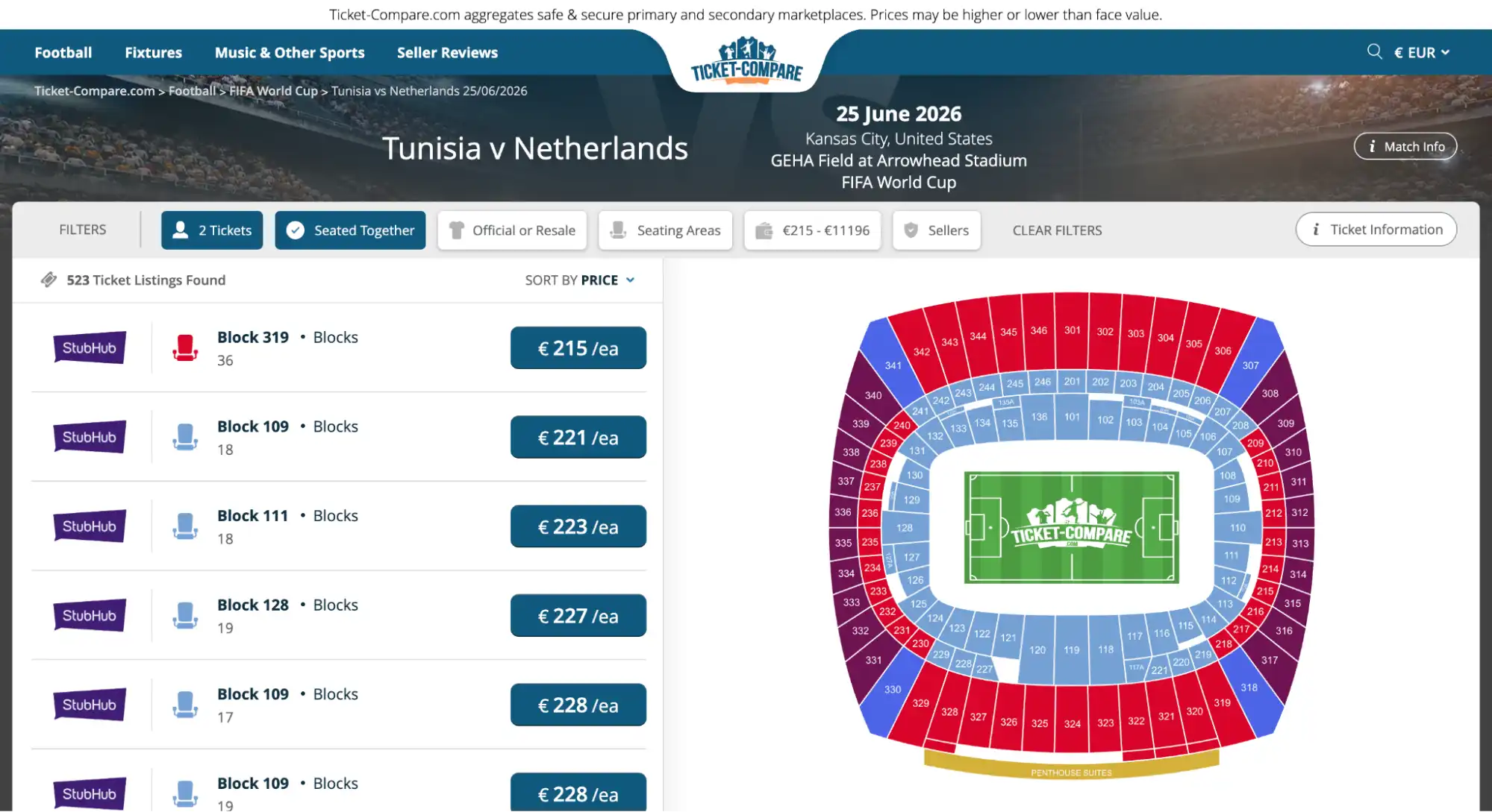 screenshot af Tunisia vs Netherlands billetter side