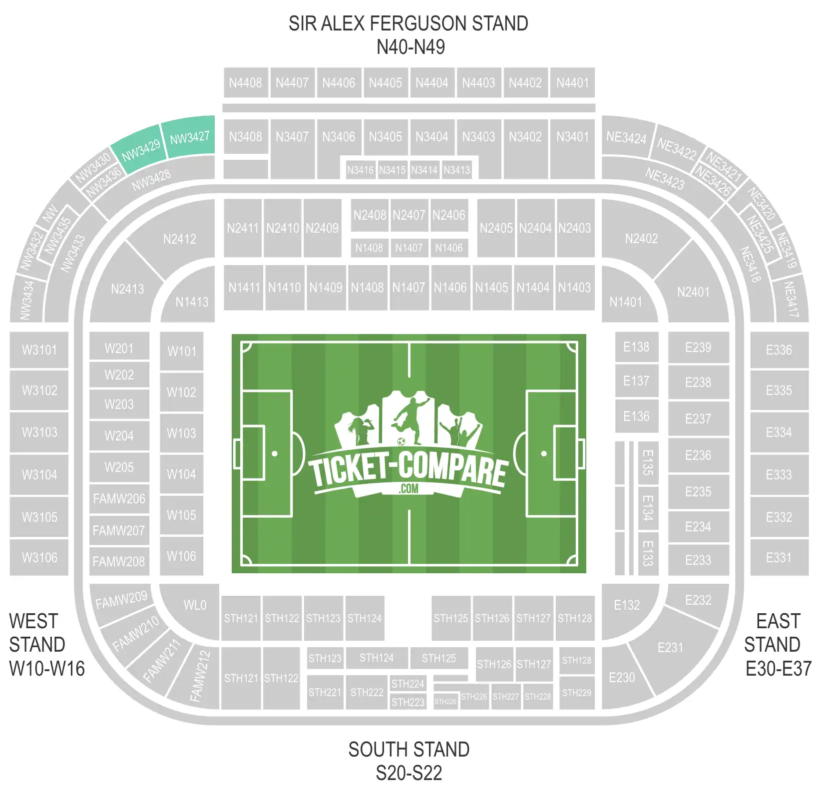 Old Trafford blokke NW3427 og NW3429, markeret