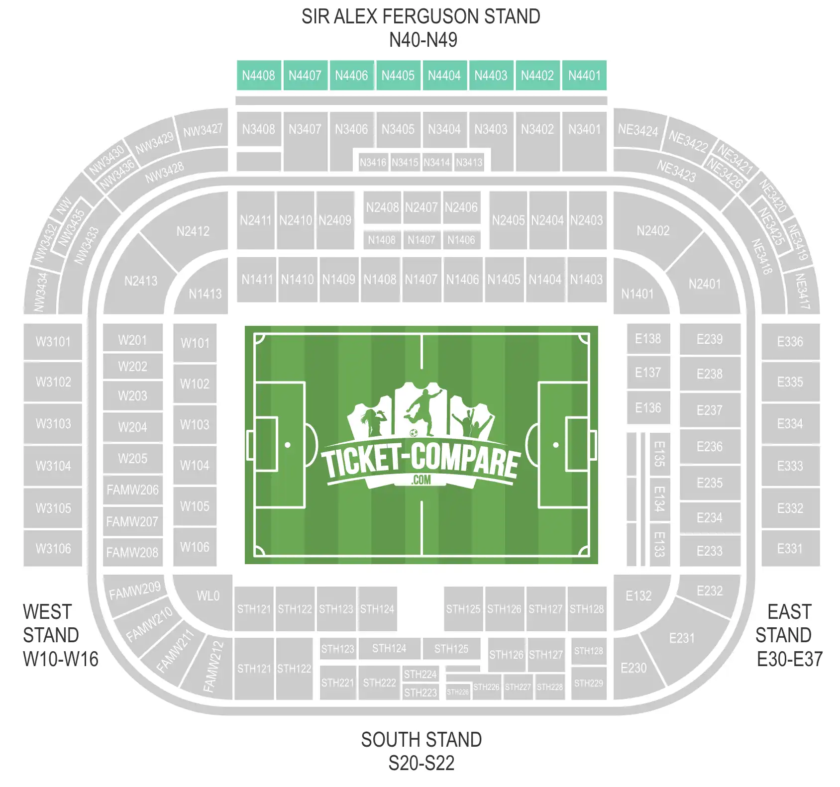 Old Trafford blokke N4401 til N4408, markeret