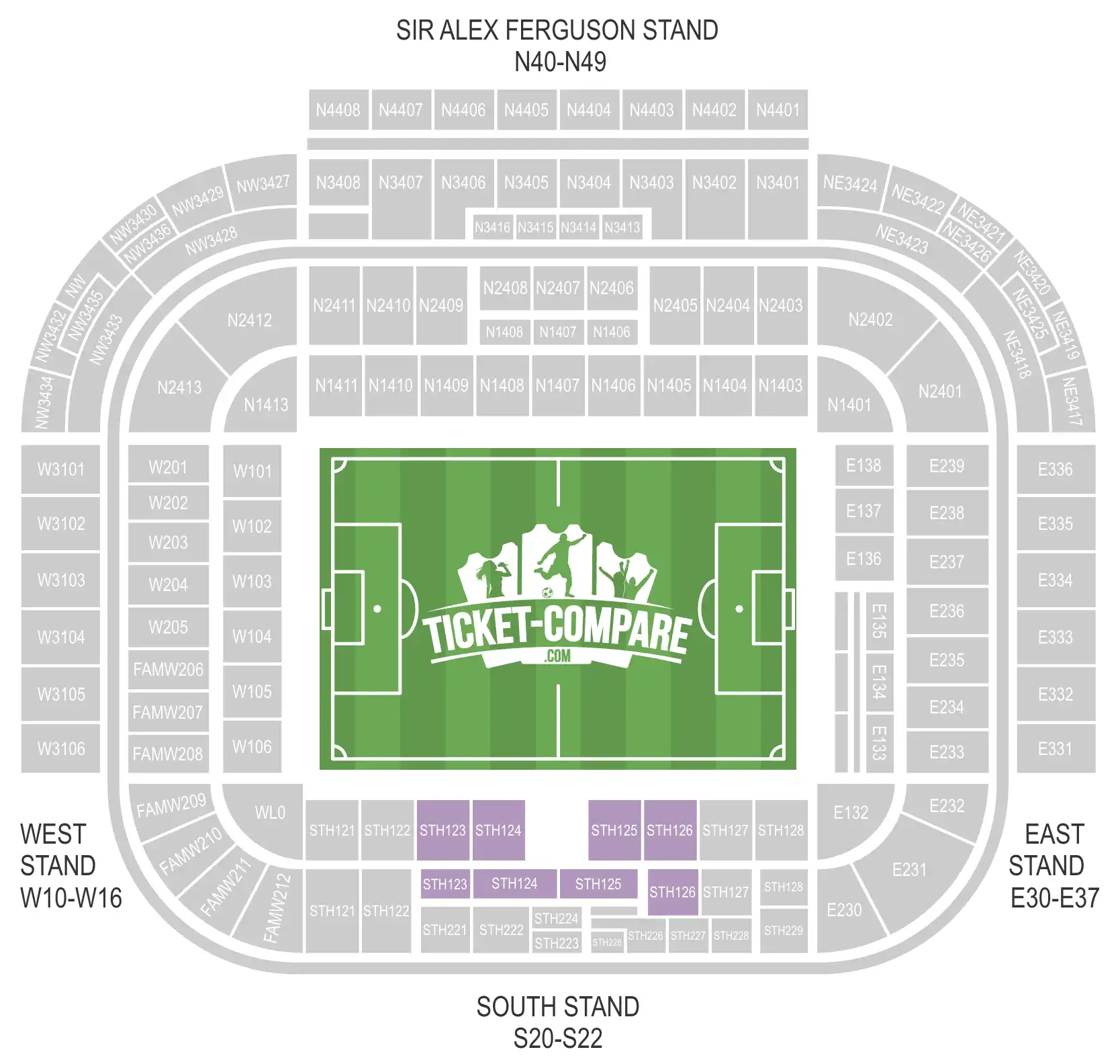 Old Trafford stadionkort med STH123 til STH126 markeret