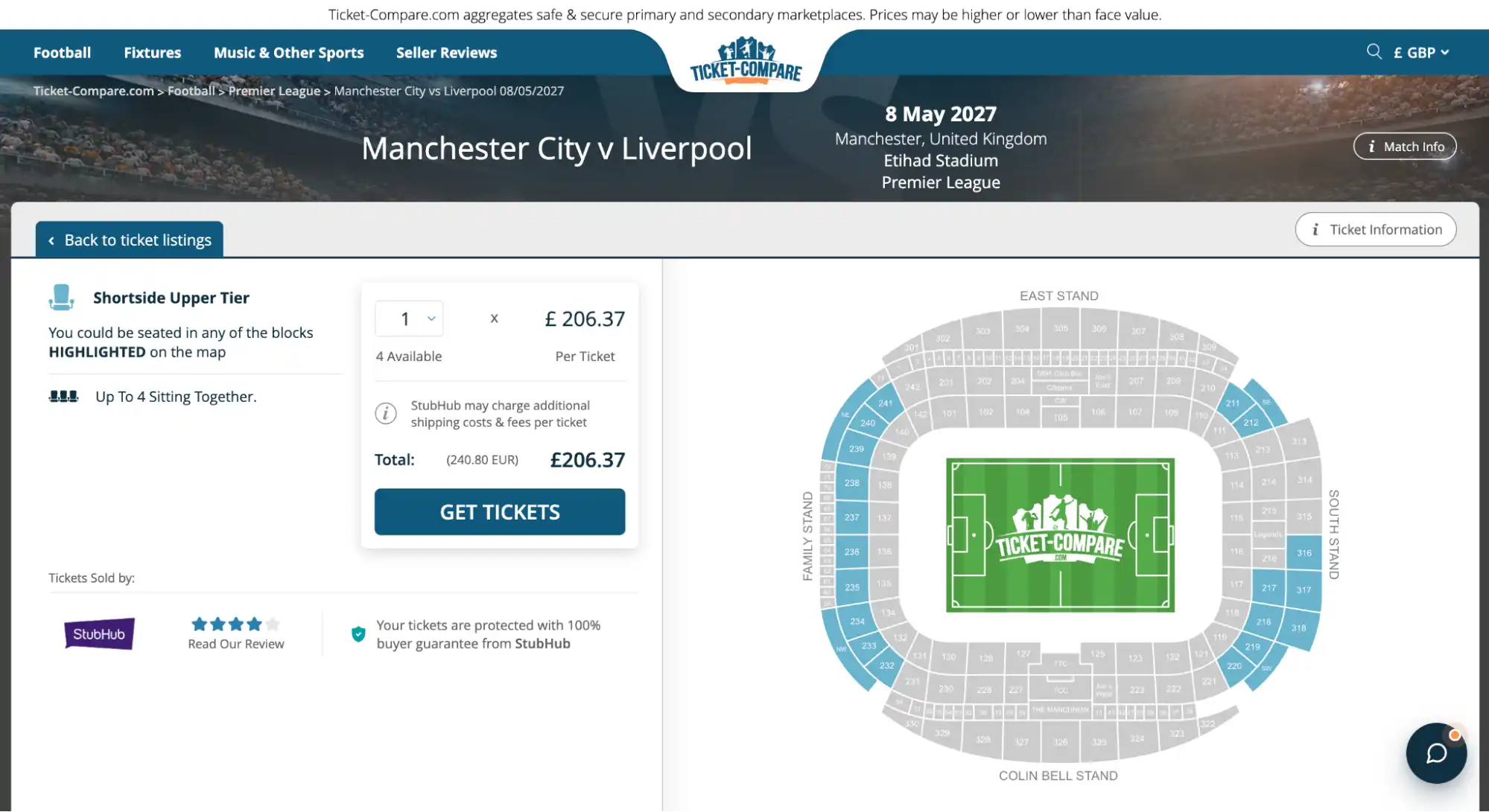screenshot af Manchester City vs Liverpool, kortside øvre tribune