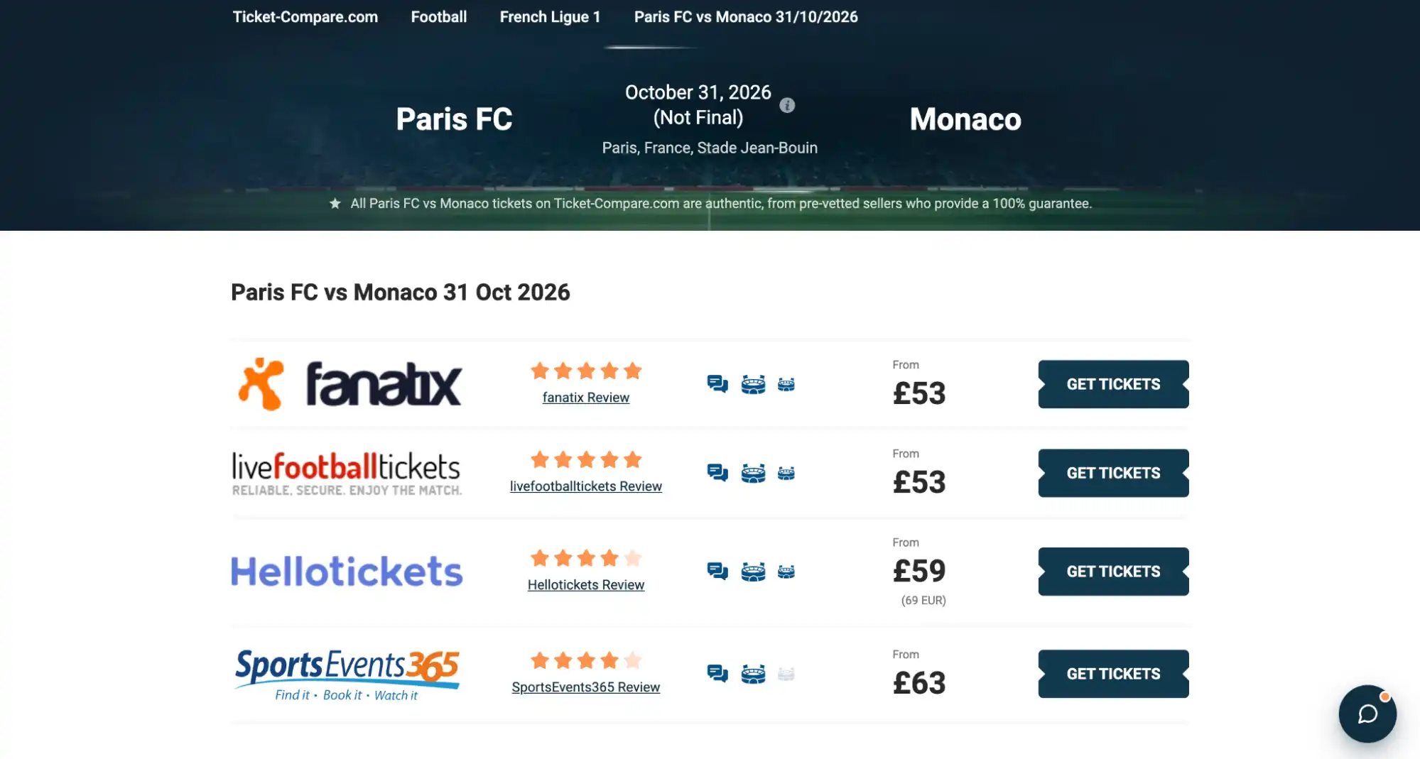 screenshot af Paris FC vs Monaco billetter