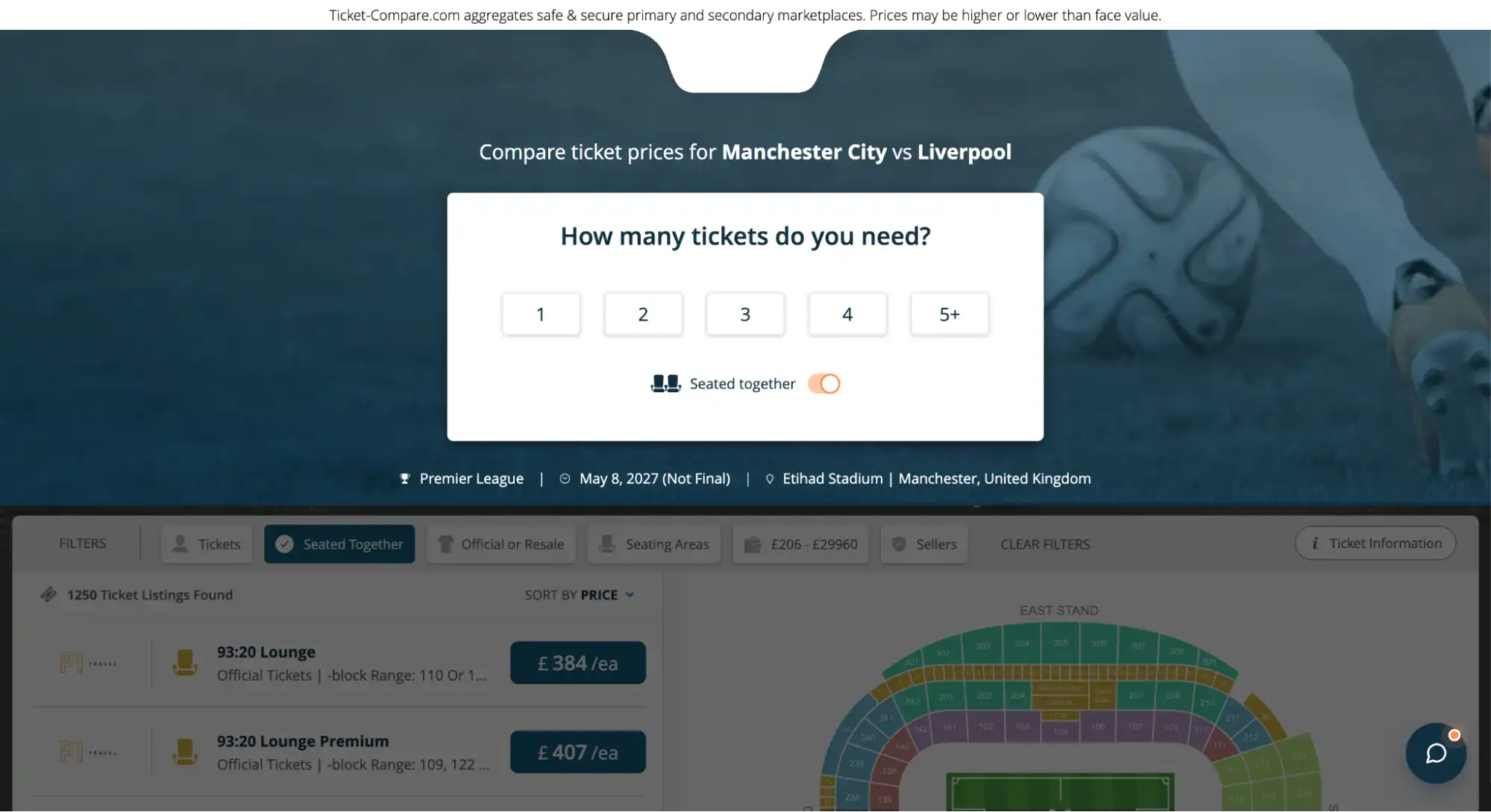 screenshot af Sid Sammen valg på Premier League billetter