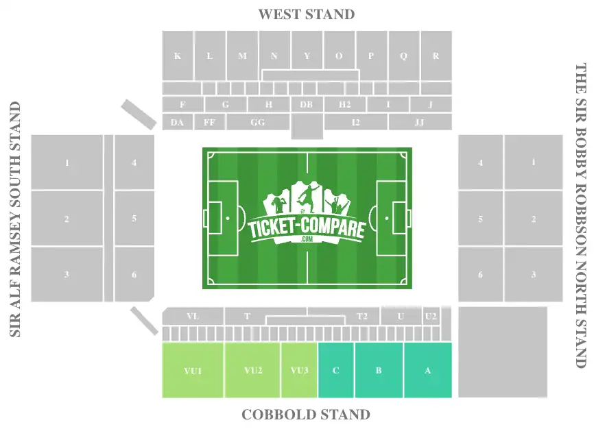 Screenshot of Portman Road stadium Seating plan with the Cobbold Stand Upper tier highlighted