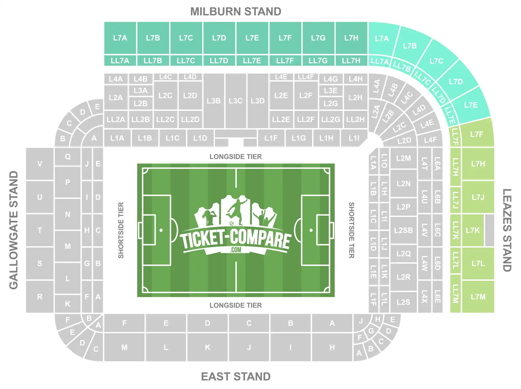 Screenshot af St James Park stadion-sektionskort med L7 og LL7 blokke markeret