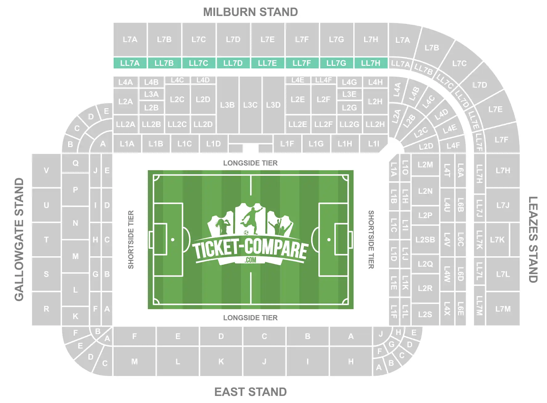 Screenshot af St James Park stadion-sektionskort med blokke LL7A til LL7H