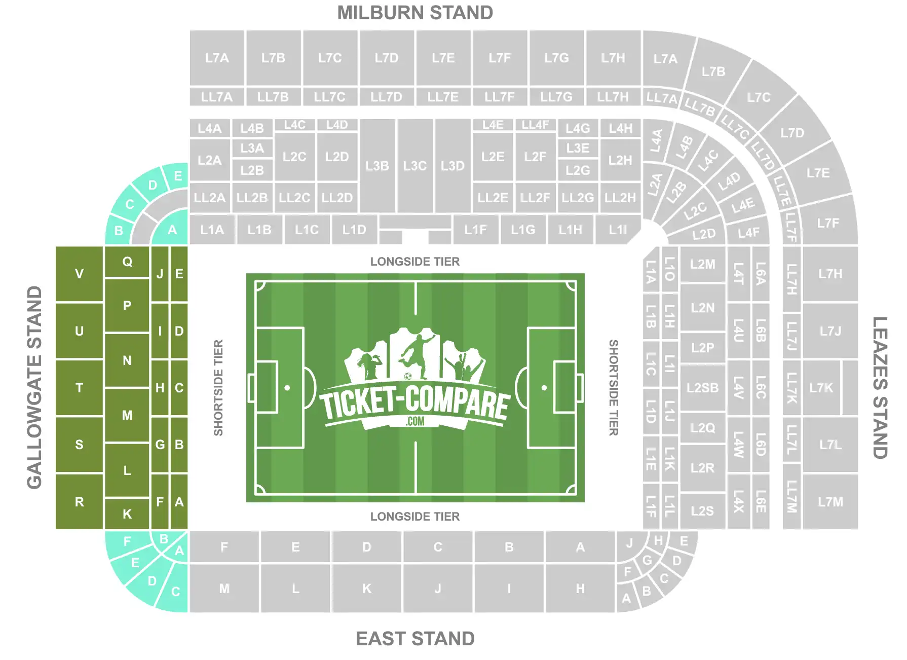 Screenshot af St James Park stadion-sektionskort med Gallowgate Stand markeret