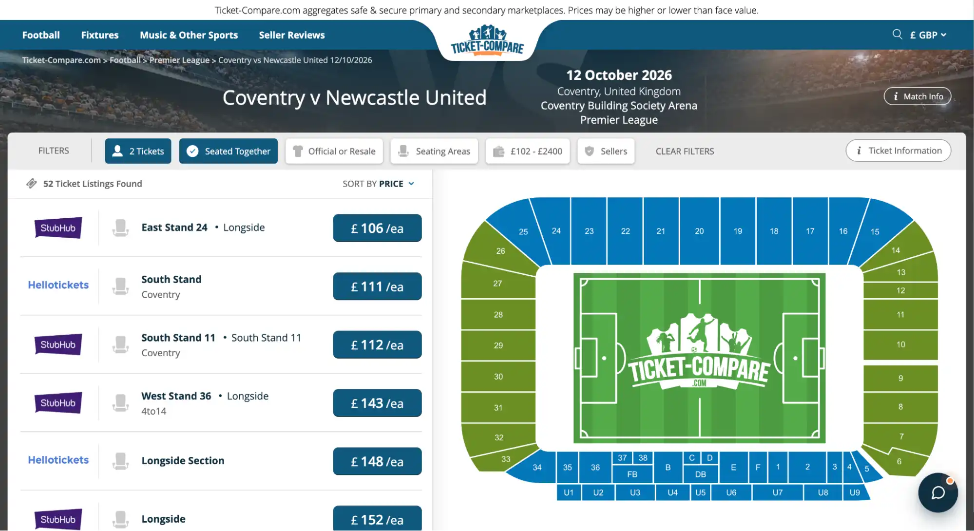 screenshot Coventry v Newcastle United ticket page